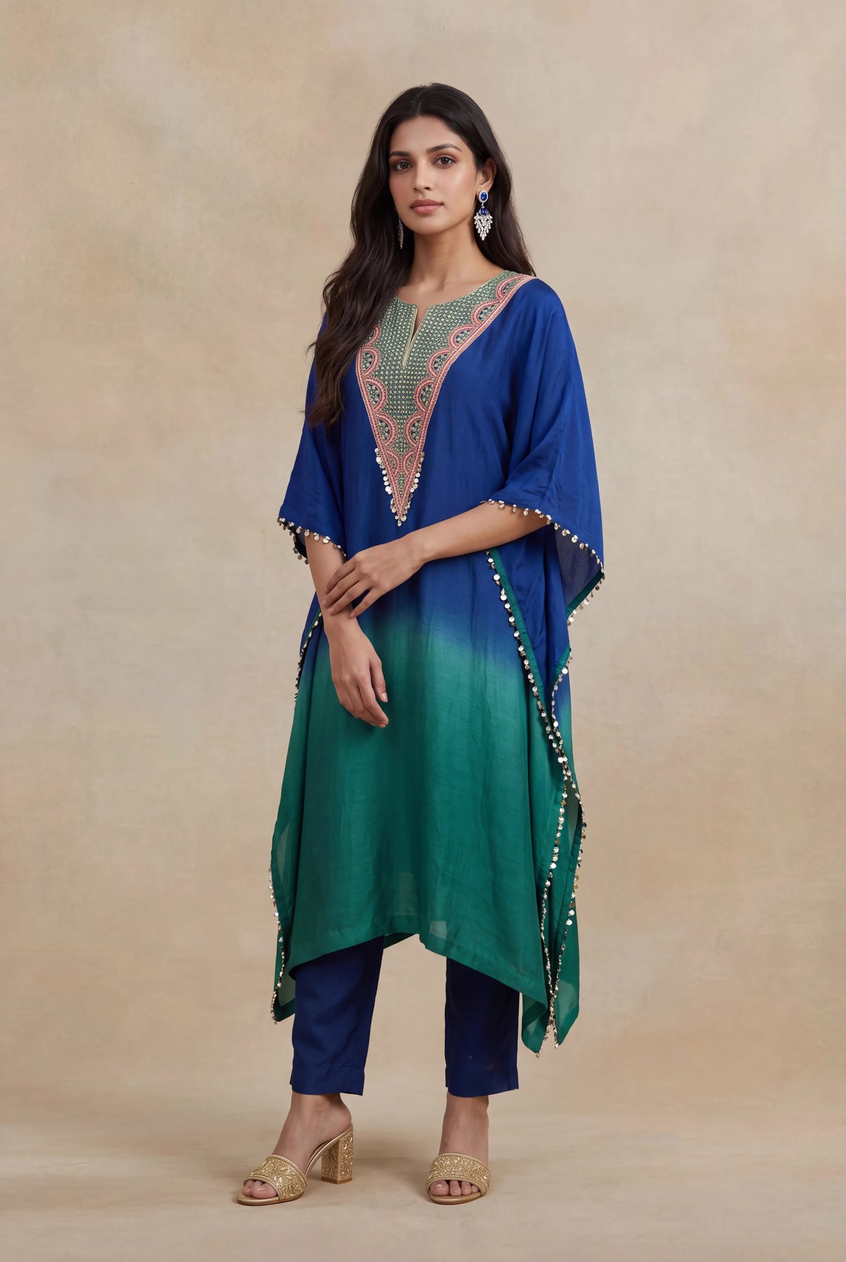Blue & Emerald Raw Silk Embellished Kaftan Set