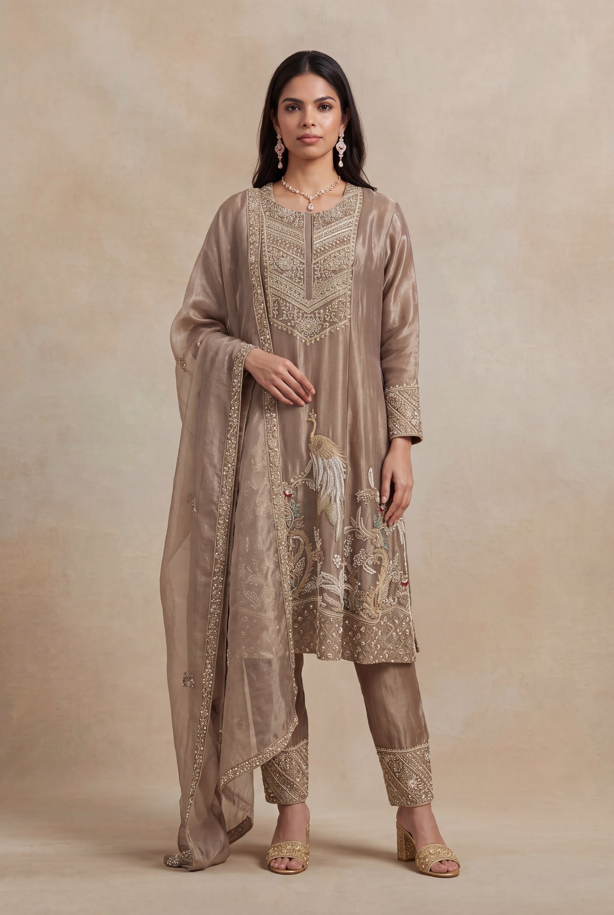 Mocha Taupe Pure Tissue Silk Indo Western Kurta Set with Zardozi Embroidery