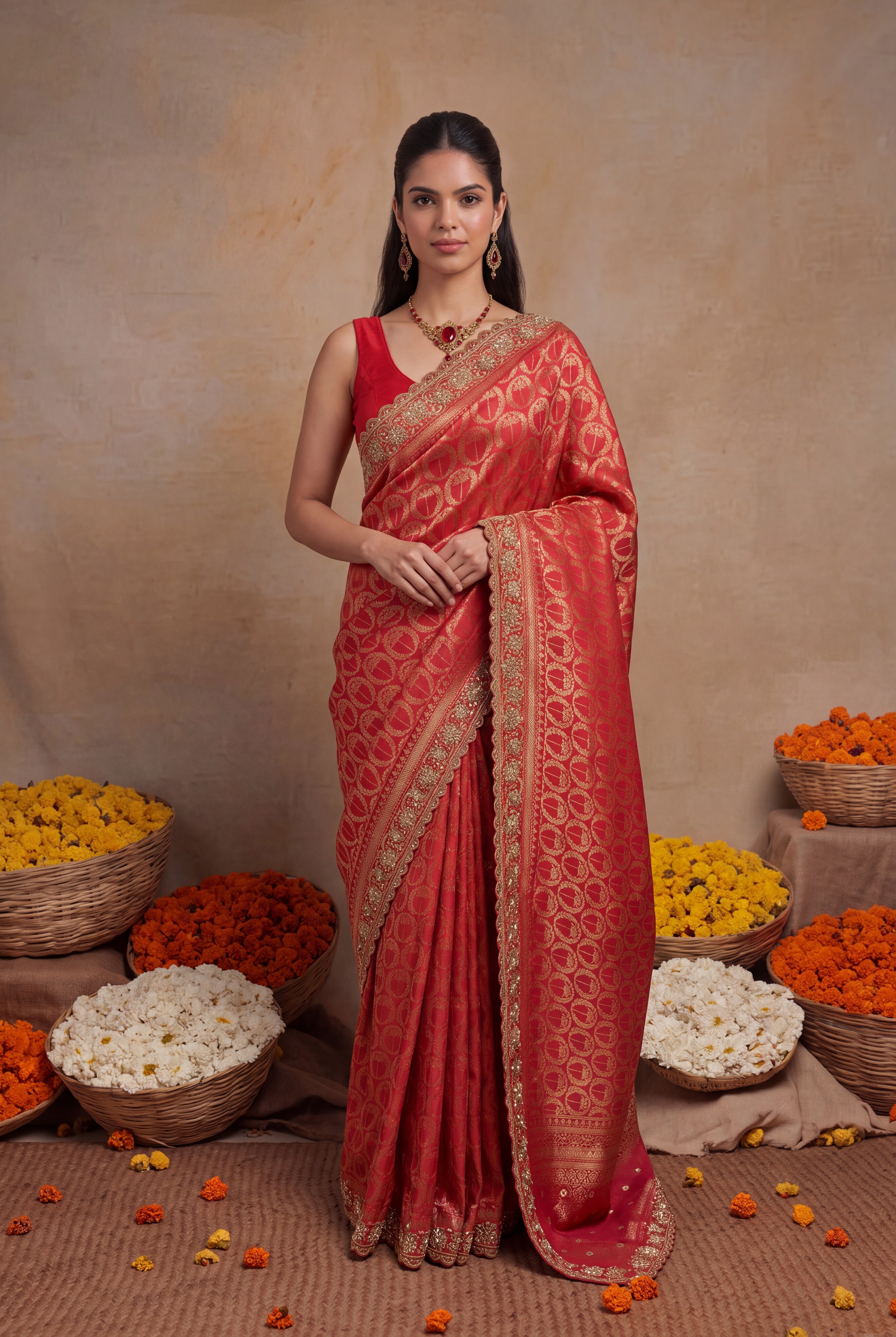 Red Banarasi silk Saree with Zari & Zardozi Border