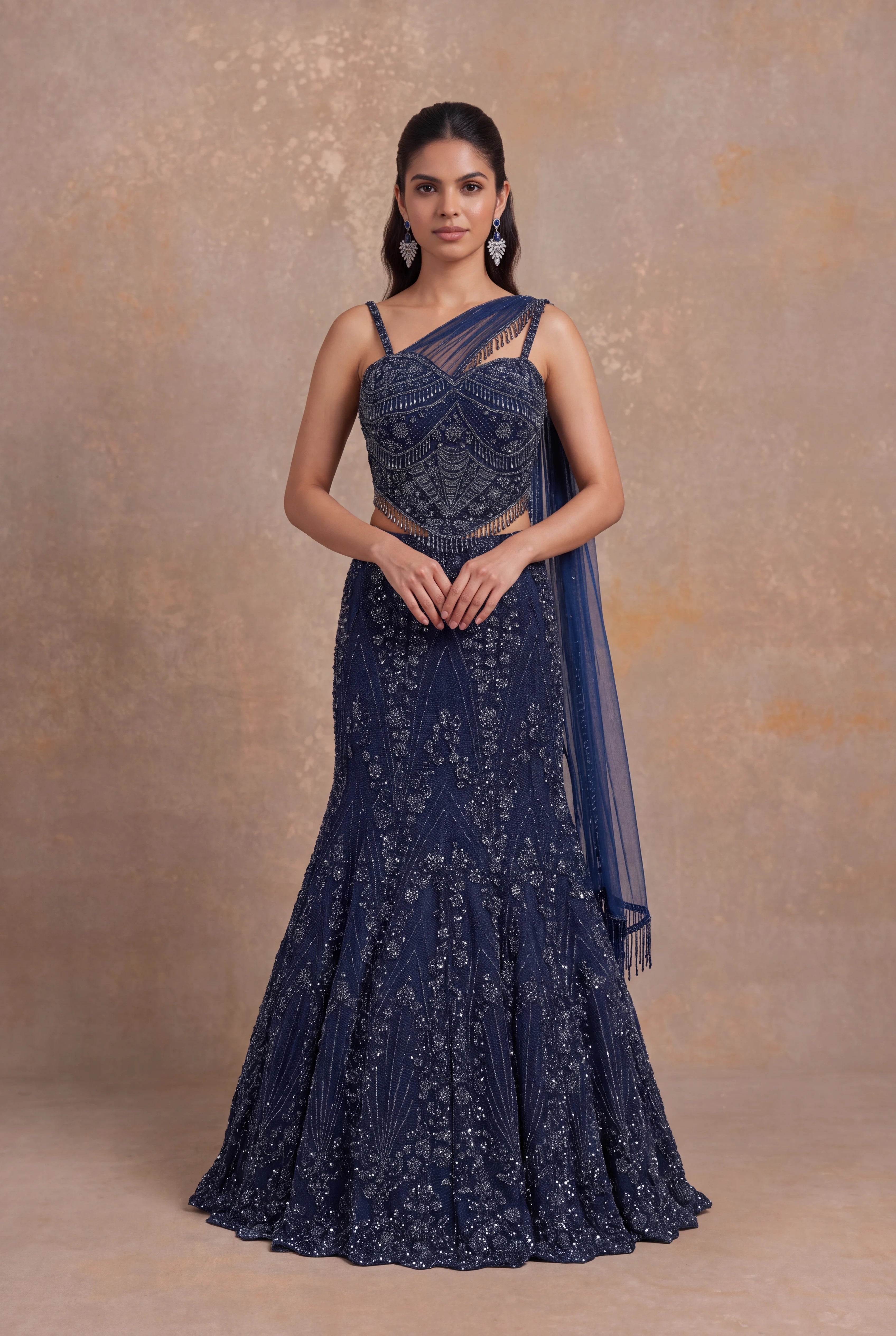 Navy Blue Net Lehenga with Corset Blouse and One-Shoulder Drape