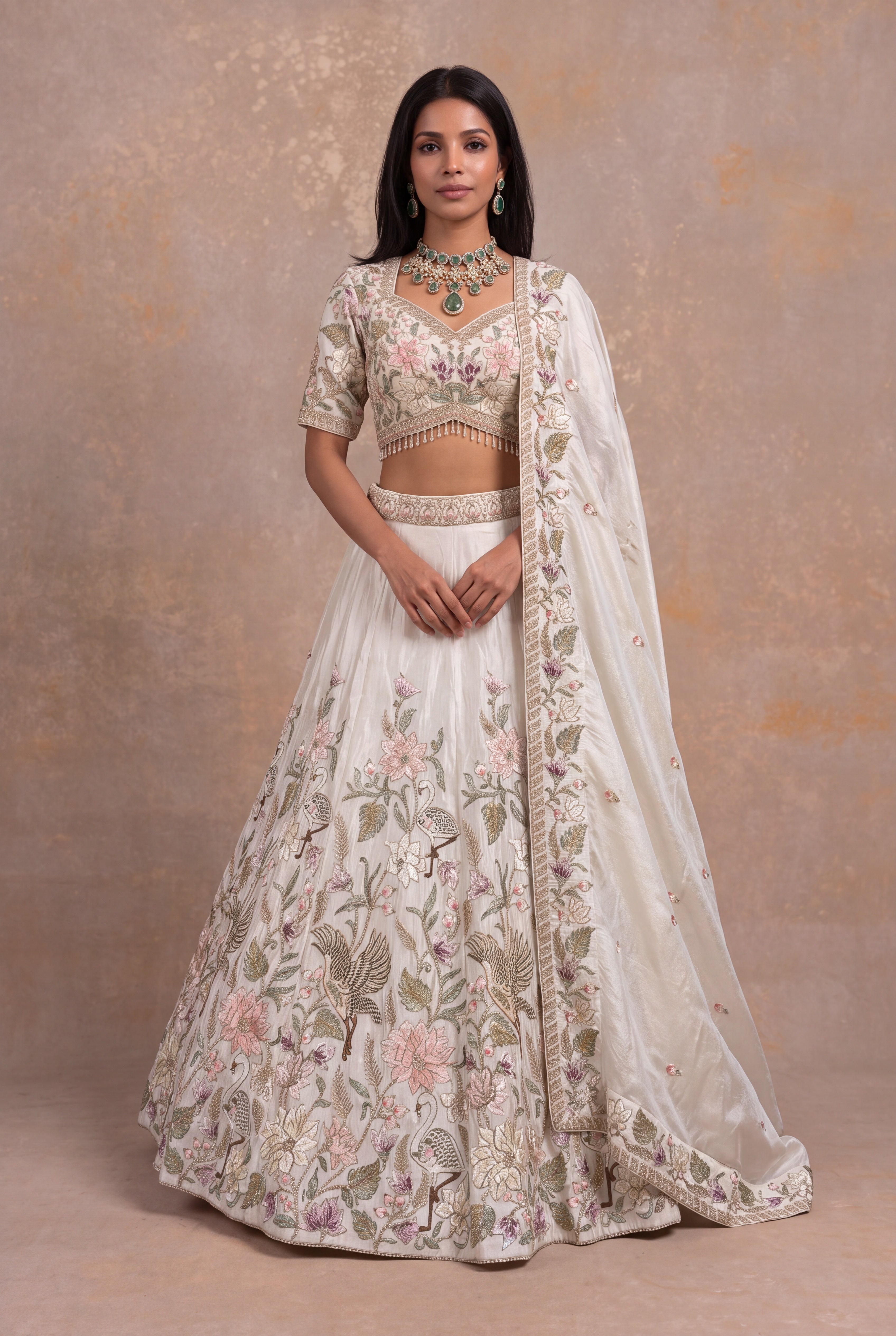 Grey Tissue Lehenga with Bird & Floral Thread Embroidery