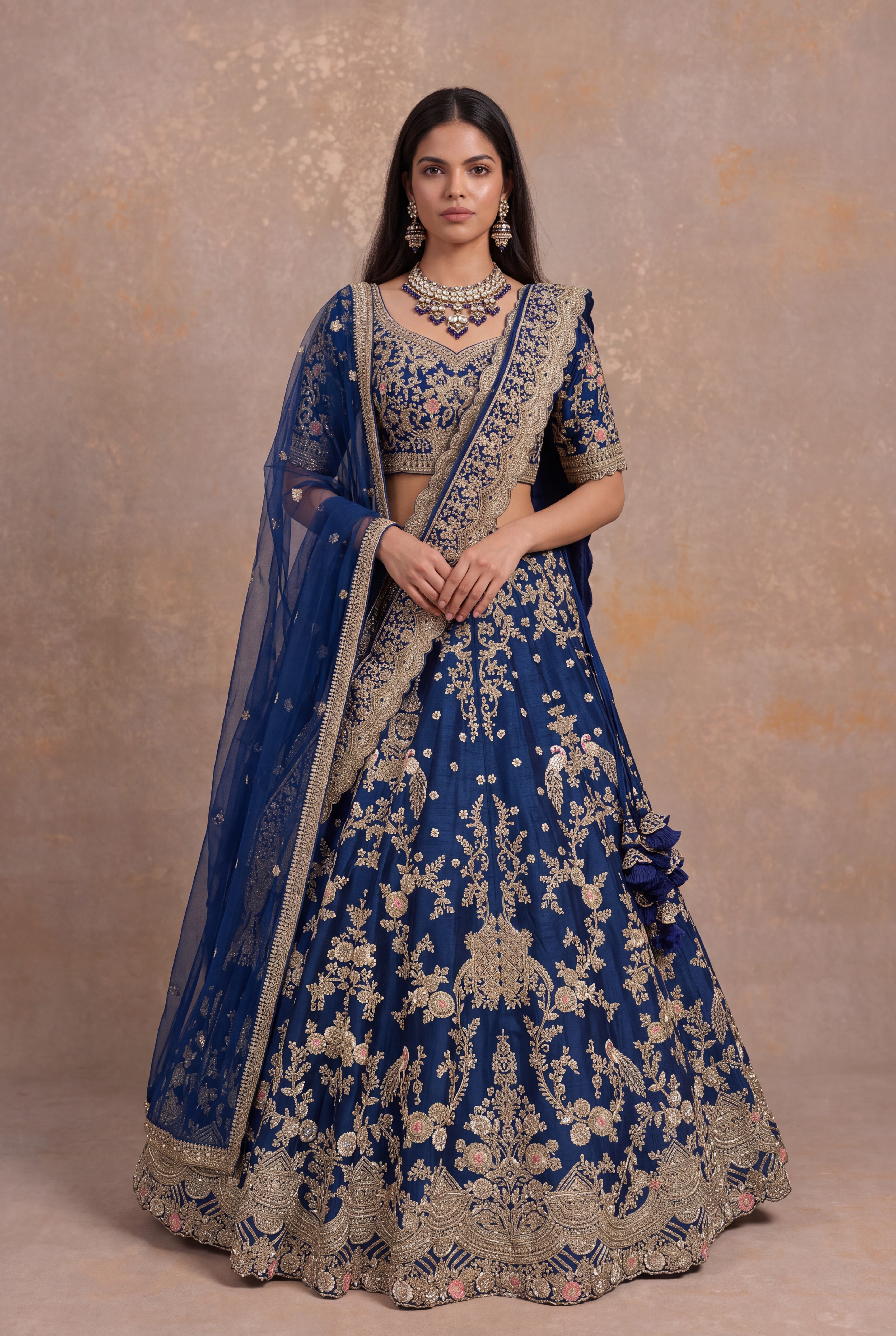 Royal Blue Silk Lehenga with Zardozi Peacock & Floral Embroidery