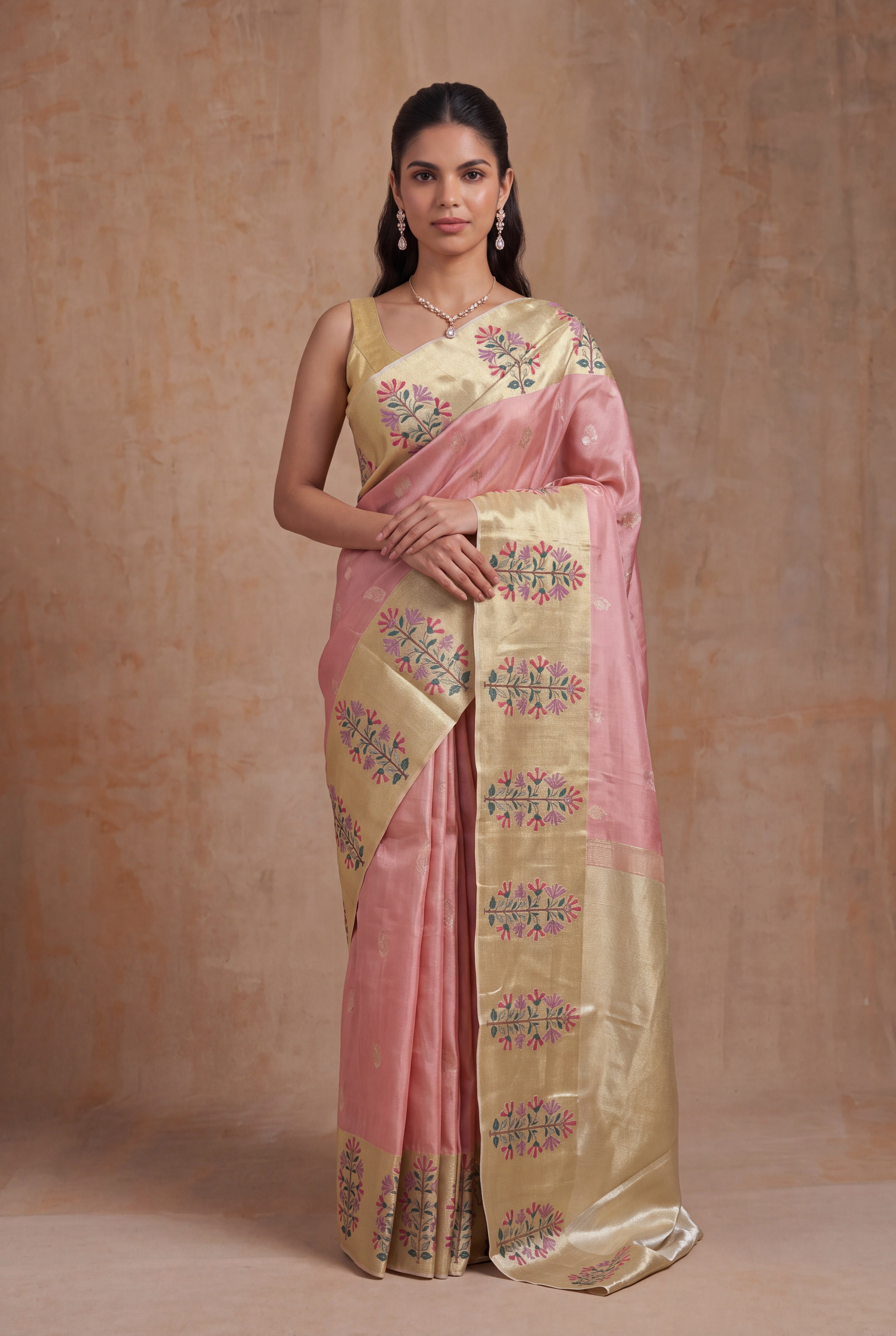 Rose Gold Tissue Kanchivaram Silk Saree with Thread Motifs