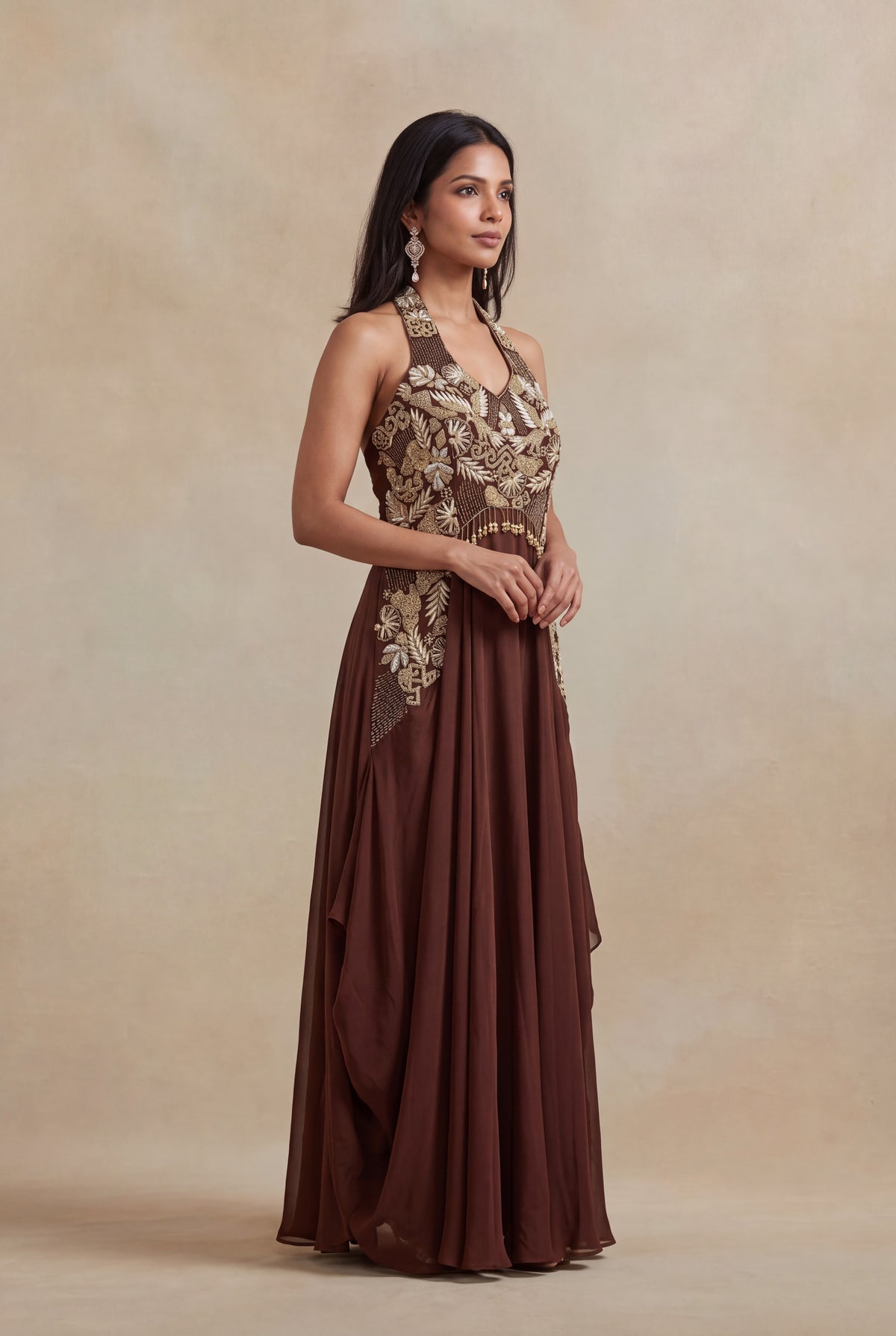 Brown Satin Silk Sequin Embroidered Western Gown