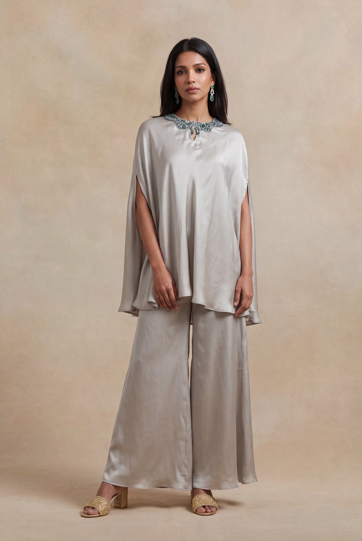 Silver Grey Satin Silk Cape Set with Bead Embellishment