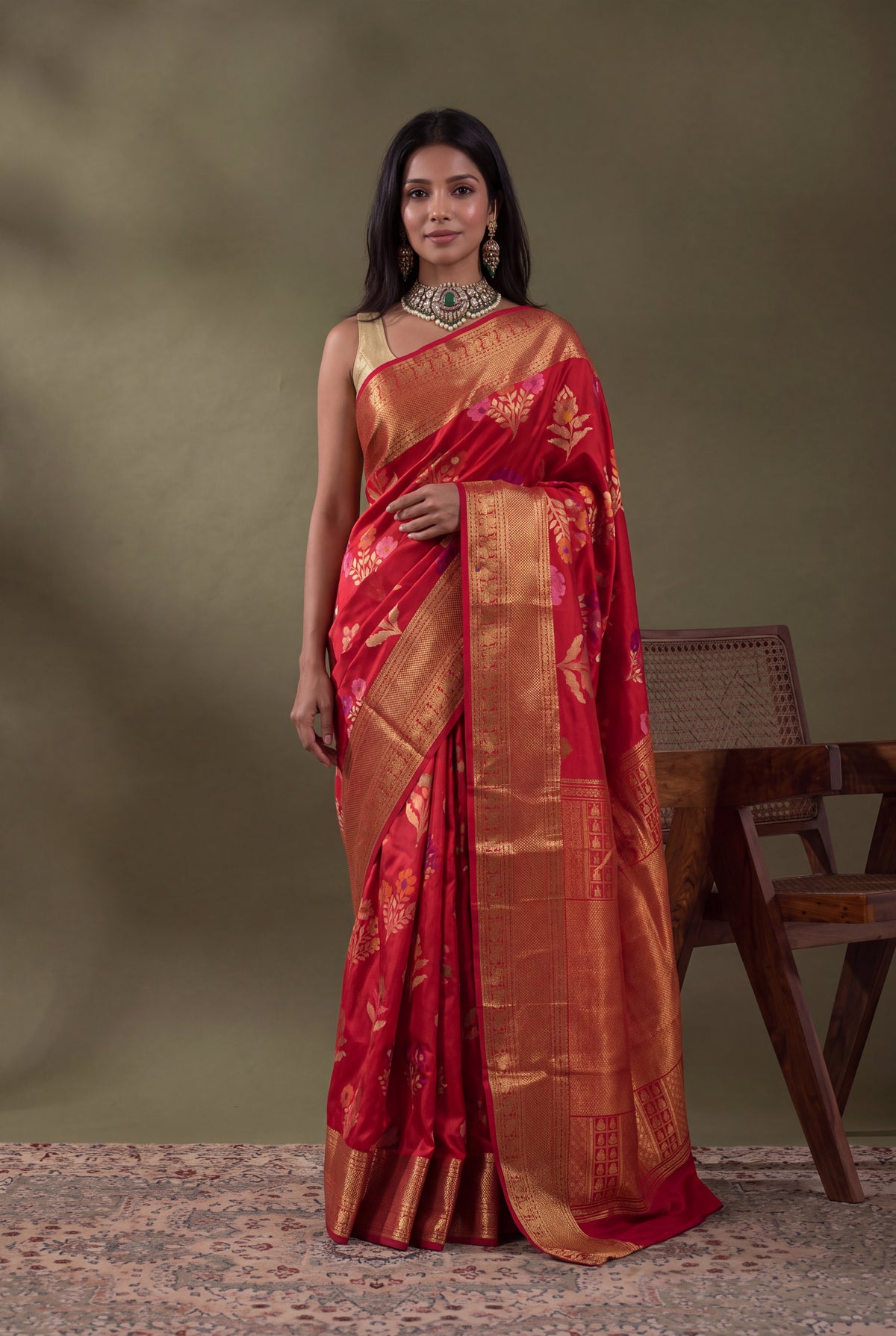 Red Banarasi Silk Saree with Kanjivaram Border