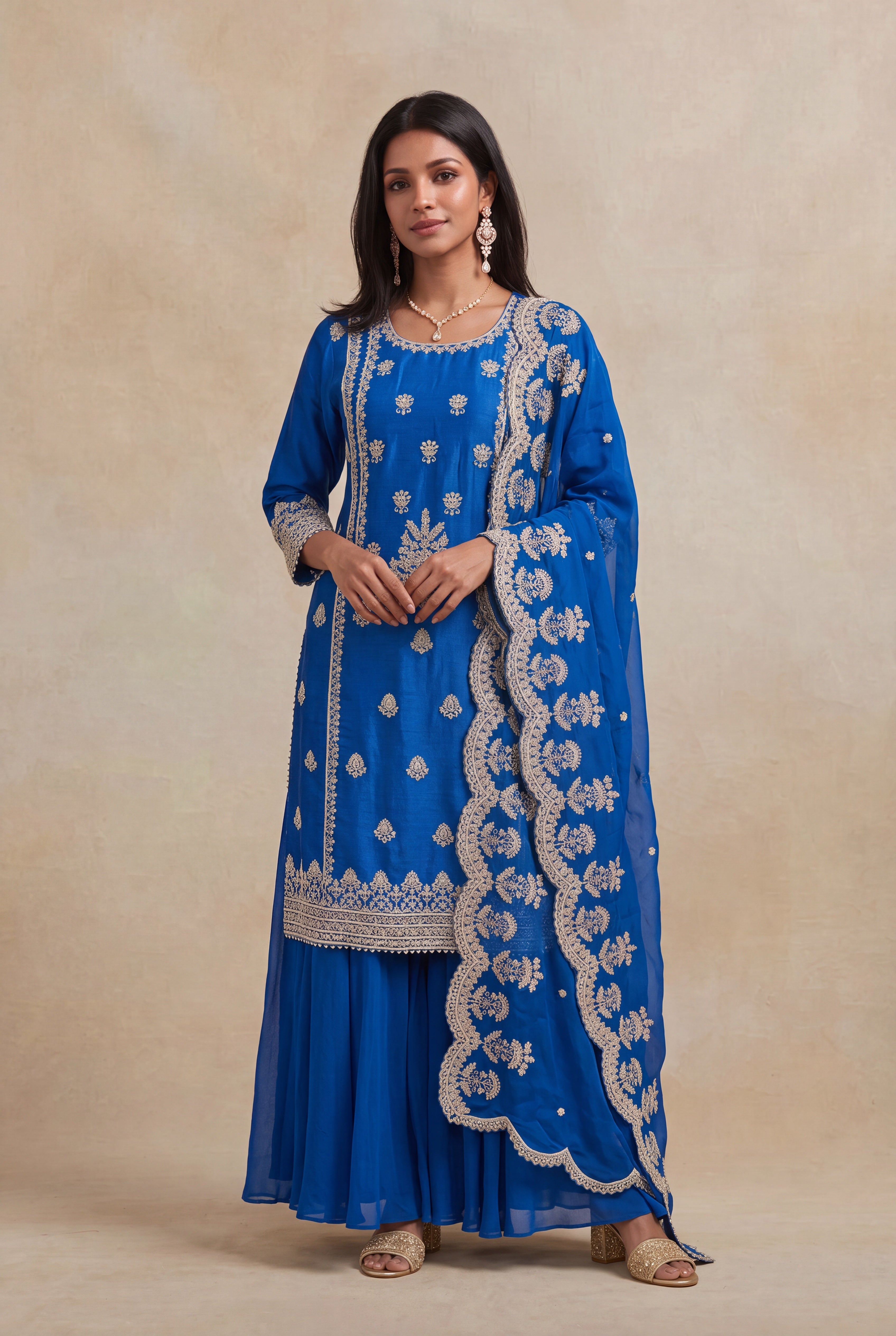 Royal Blue Raw Silk Sharara Set