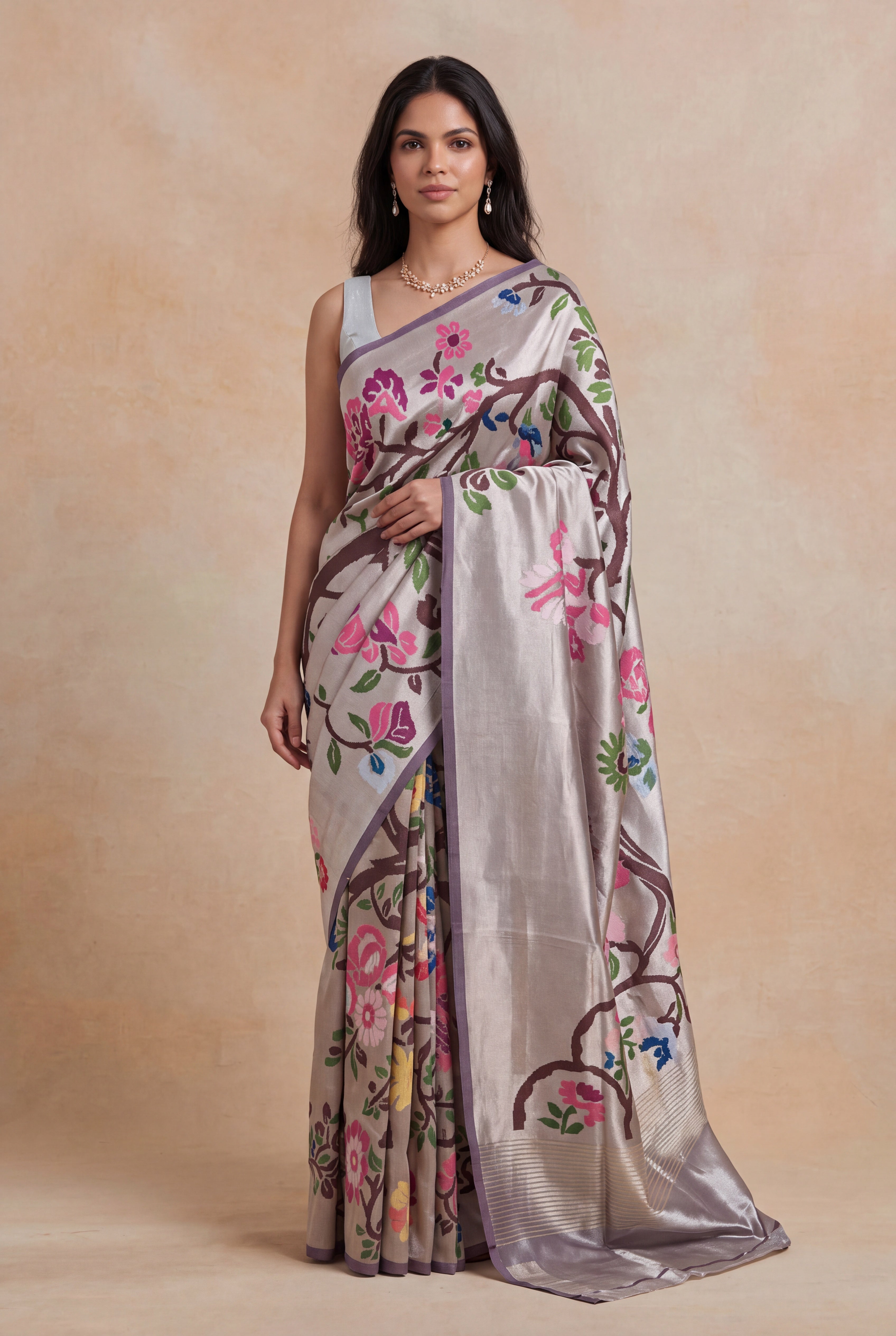 Lilac Banarasi Tissue Silk Multicolour Jaal Saree