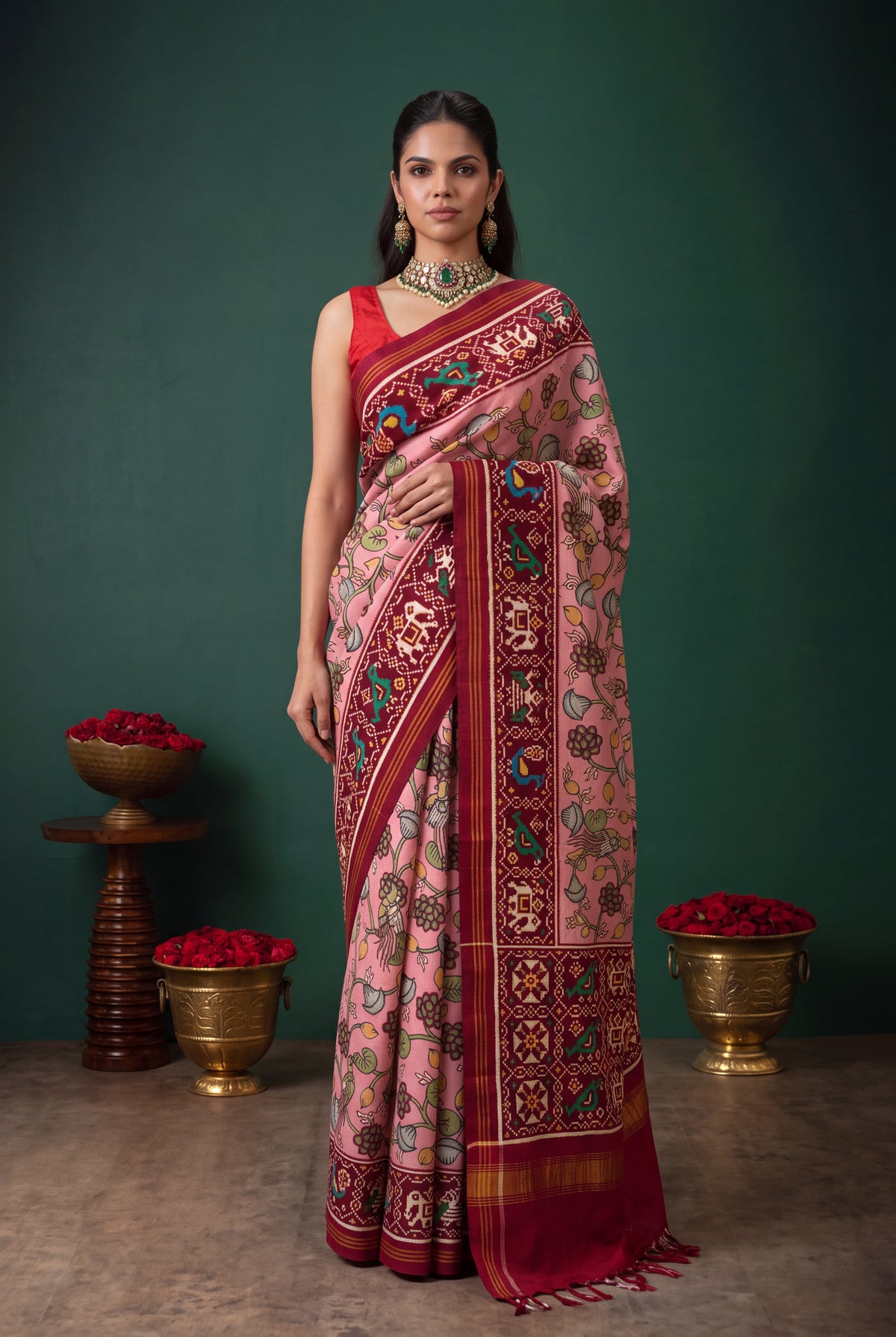 Peach Patan Patola Silk Kalamkari Saree