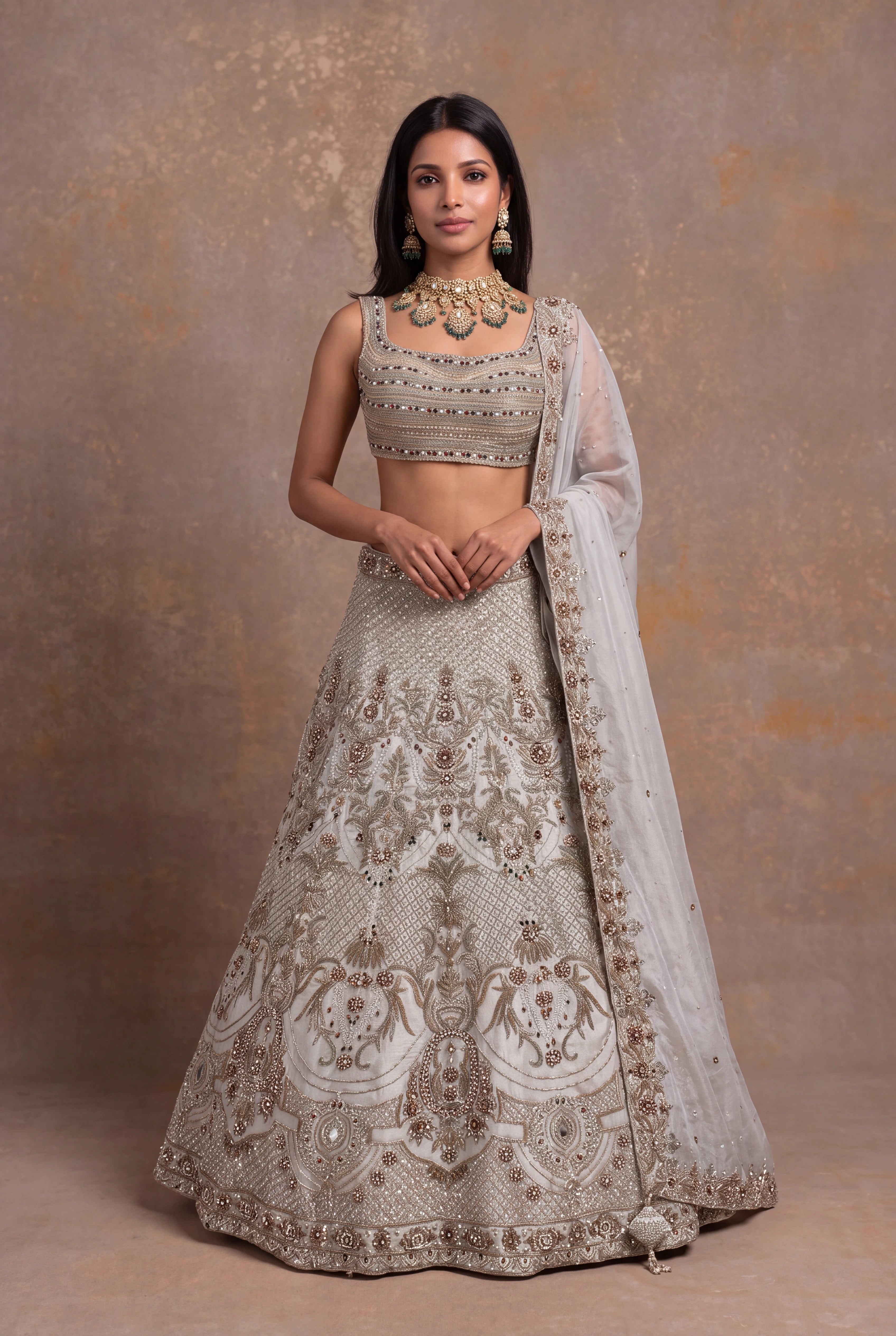 Ivory Tissue Organza Lehenga with Zardozi & Beaded Embroidery