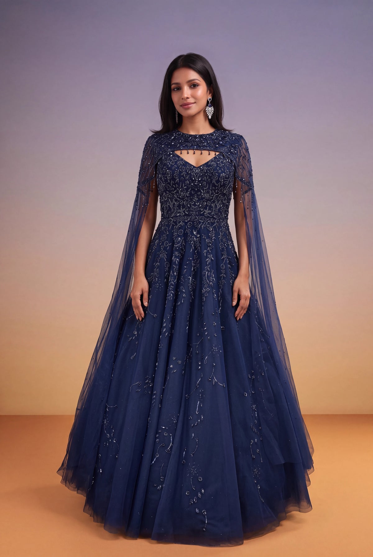Navy Blue Katdana & Sequin Net Gown with Cape