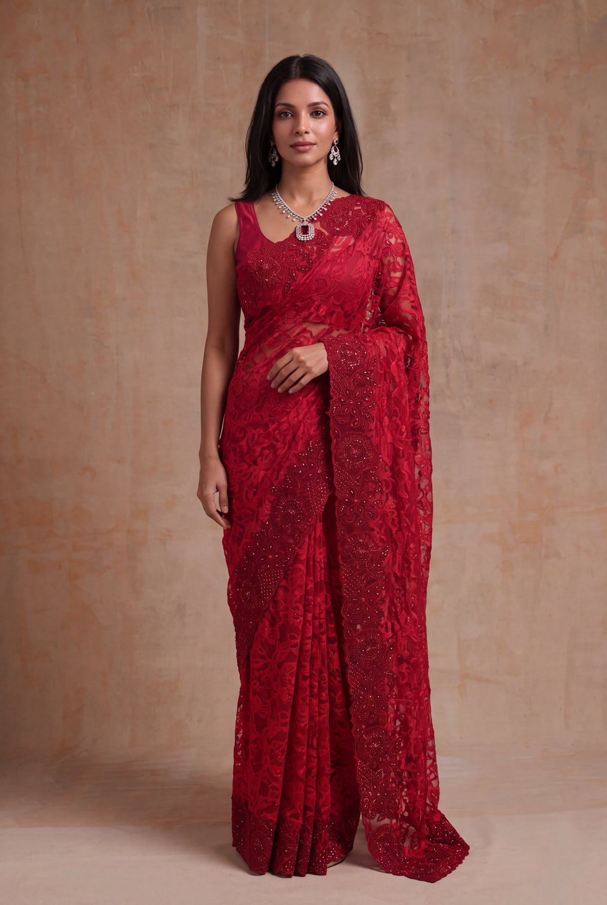 Red Net Saree with Sequin Jaal Work