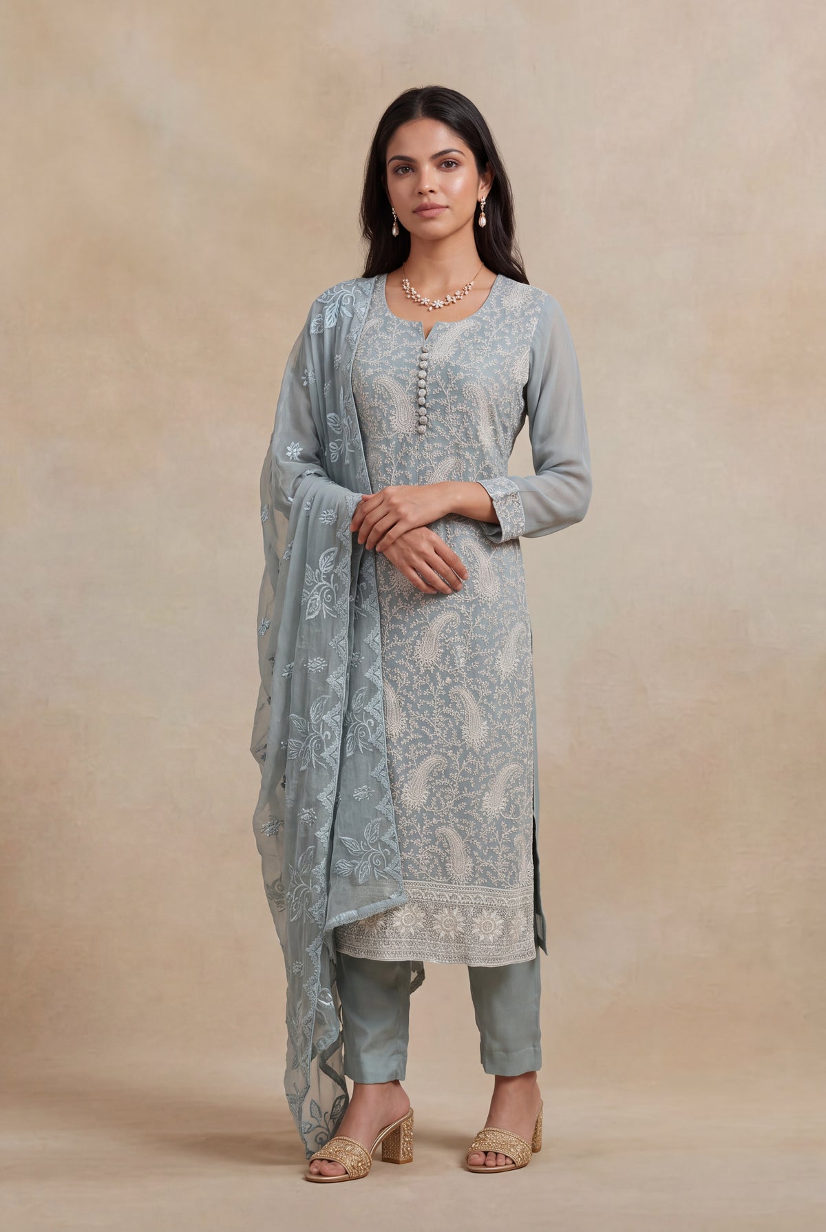 Dusty Blue Georgette Straight-Cut Salwar Suit