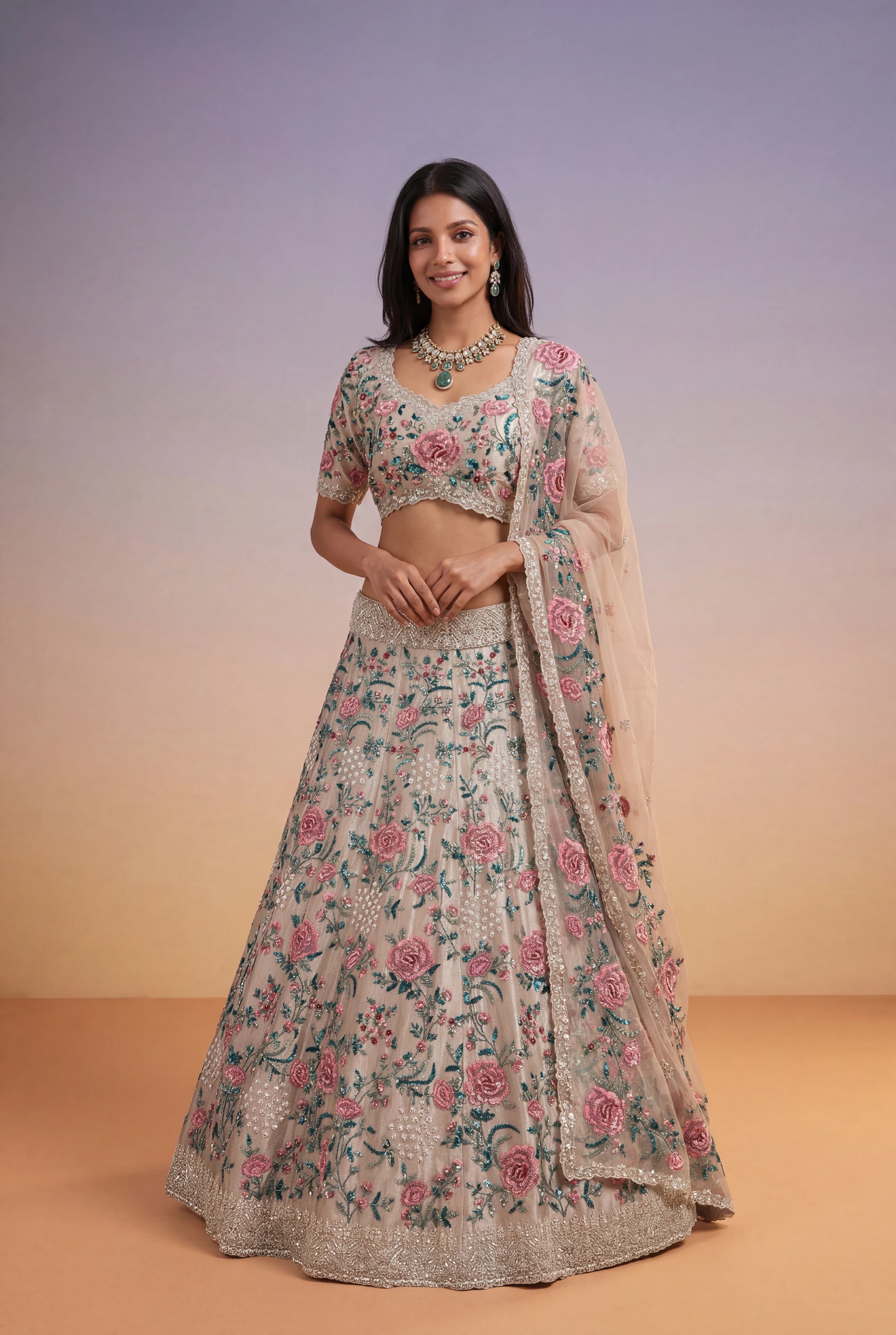 Multicolour Floral Embroidered Tissue Lehenga
