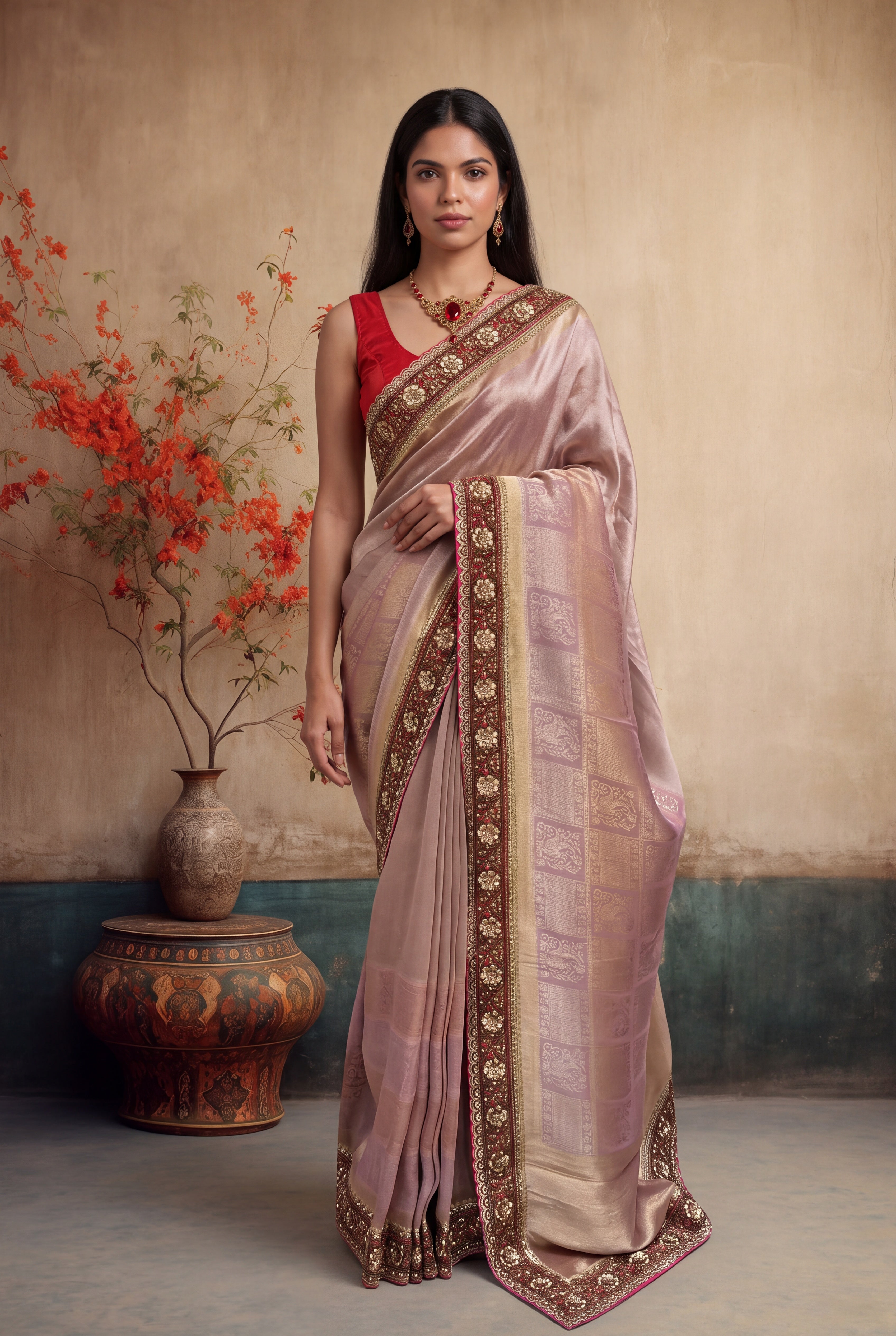 Mauve Pink Zardozi Scallop Border Saree
