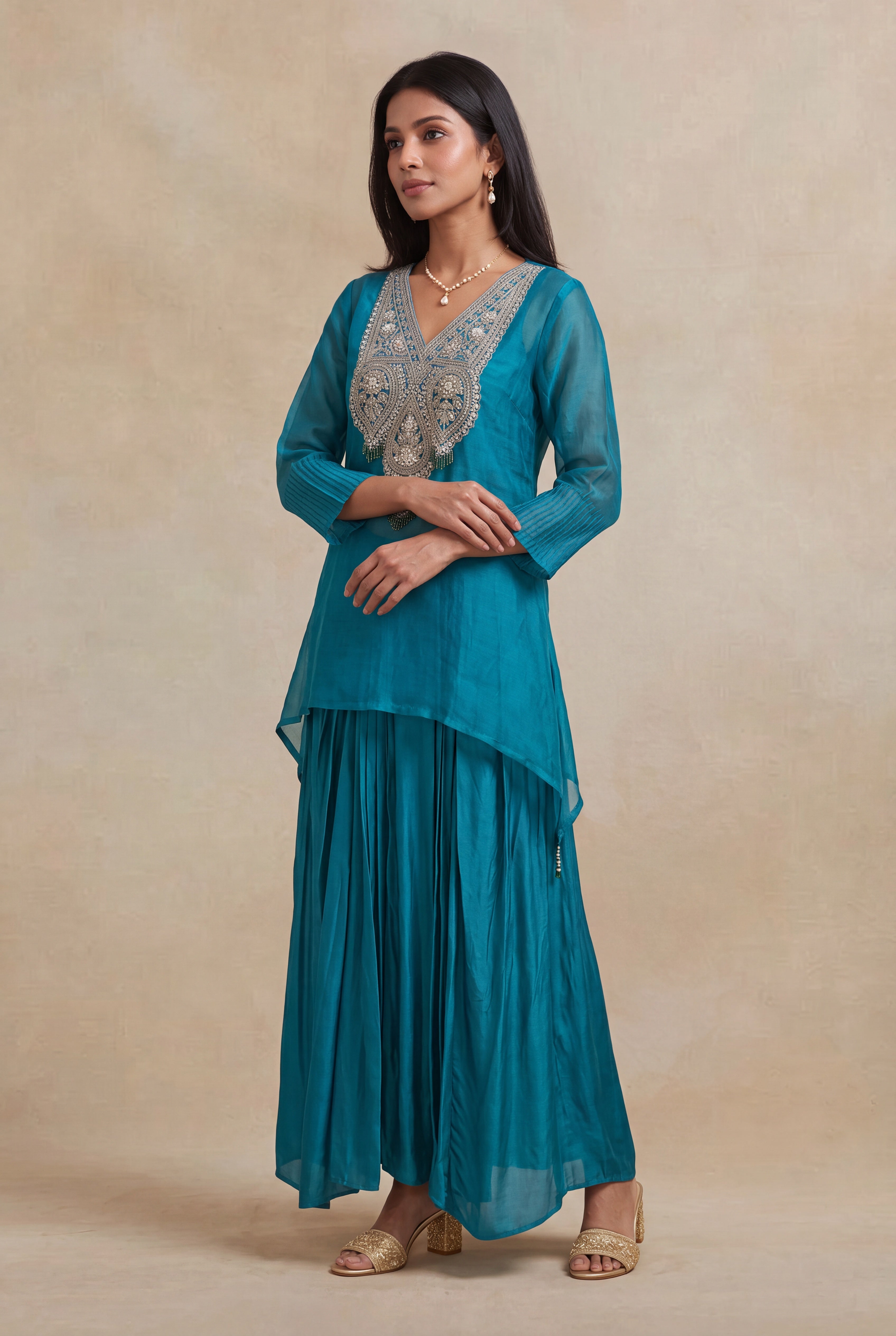 Teal Blue Organza Indo-Western Co-Ord Set