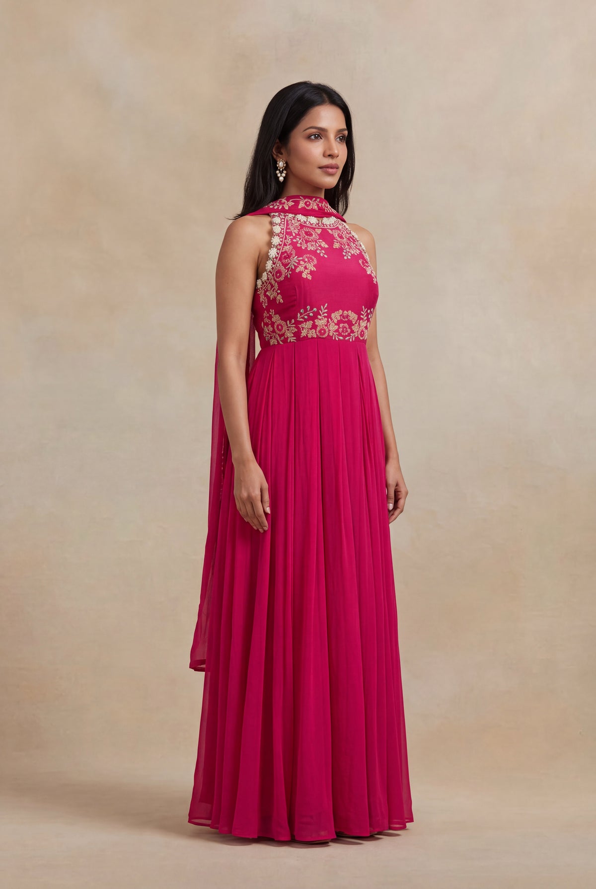 Rani Pink Embroidered Gown with Choker Dupatta