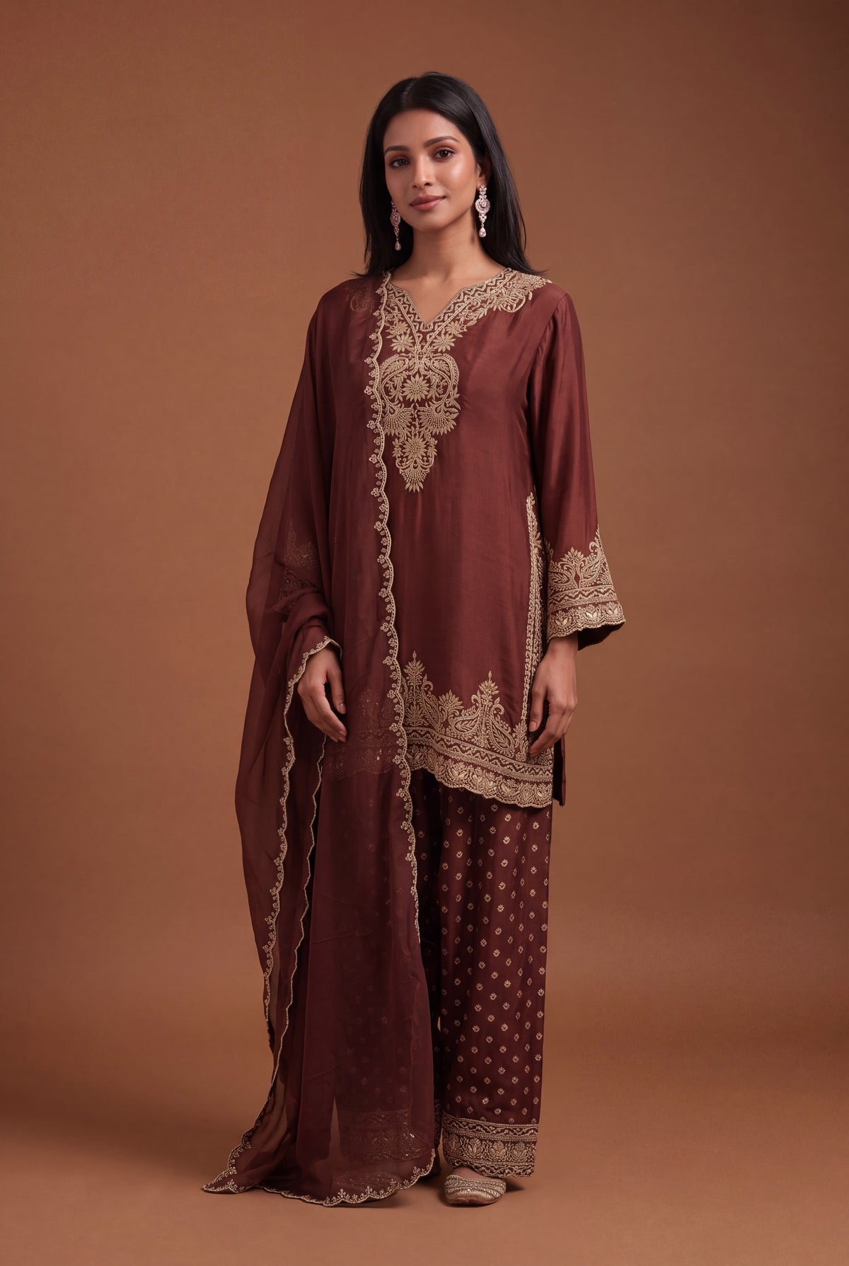 Brown Raw Silk Zardosi Indo-Western Set