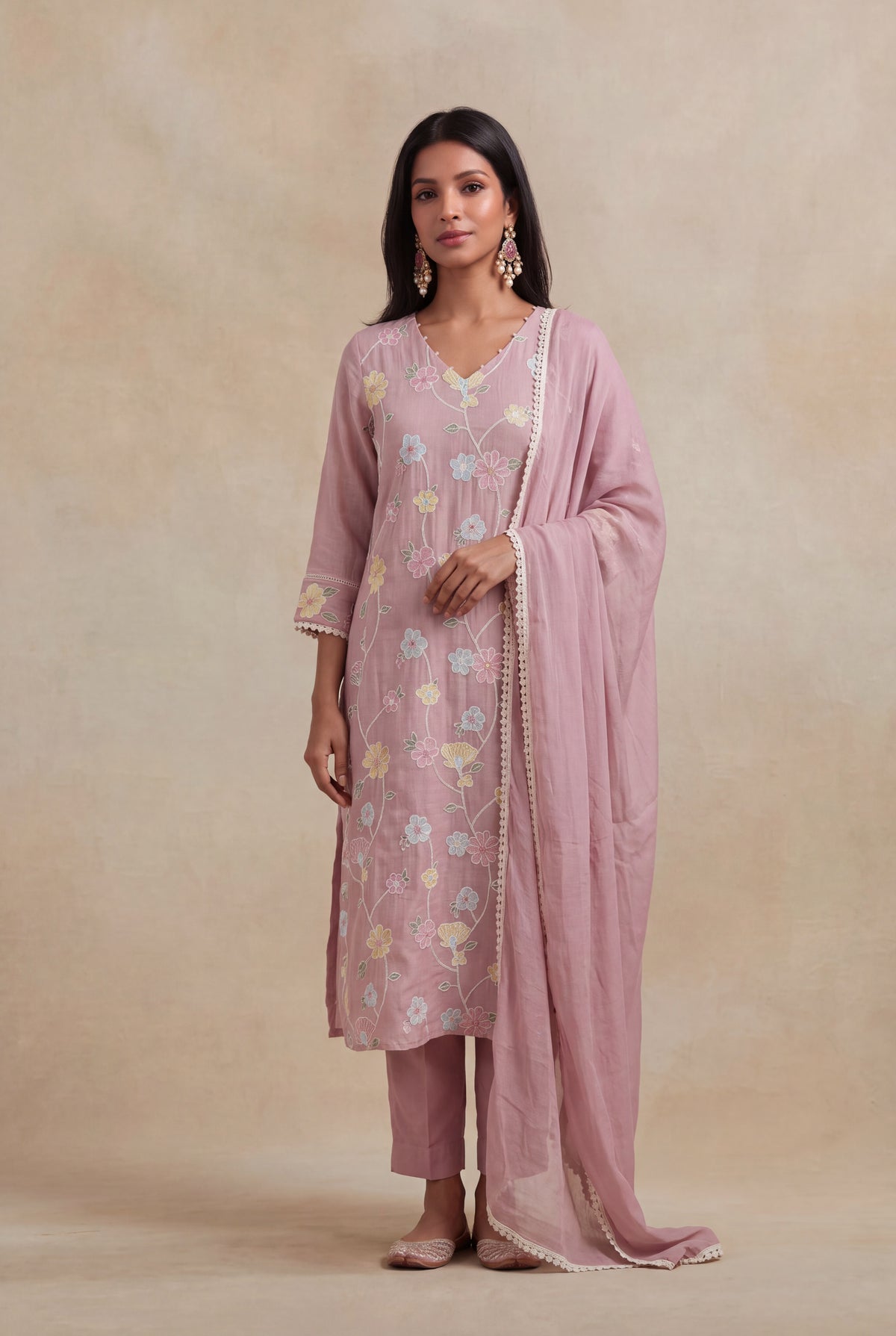 Dusty Rose Mul Cotton Embroidered Kurti Set