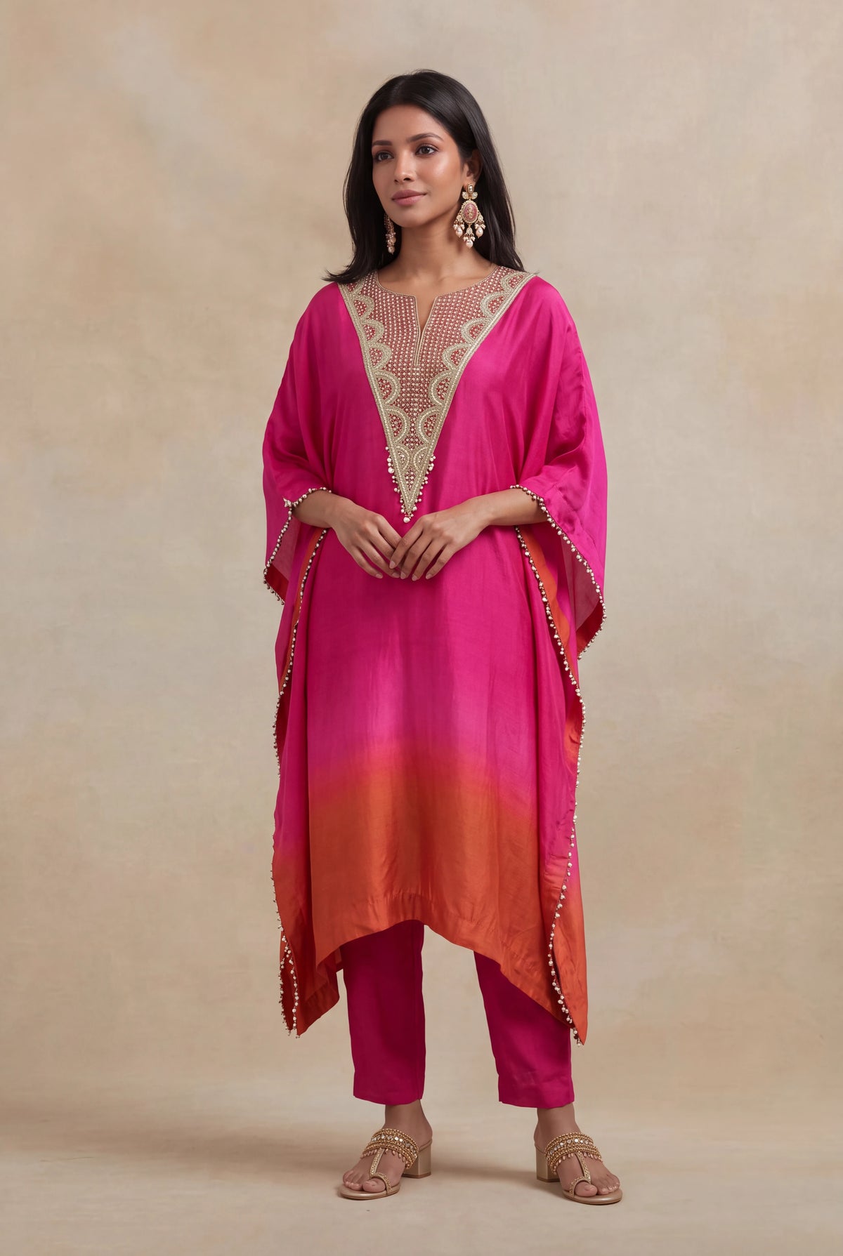 Pink & Orange Raw Silk Embellished Kaftan Set