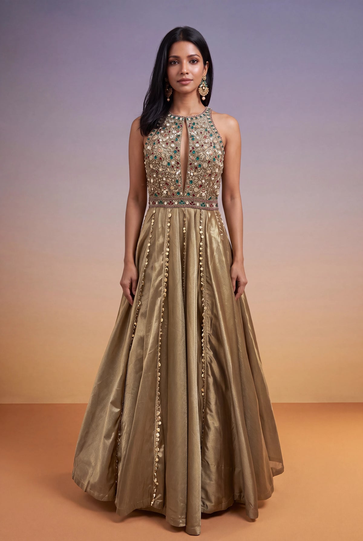 Gold Tissue Multicolour Sequin Gown