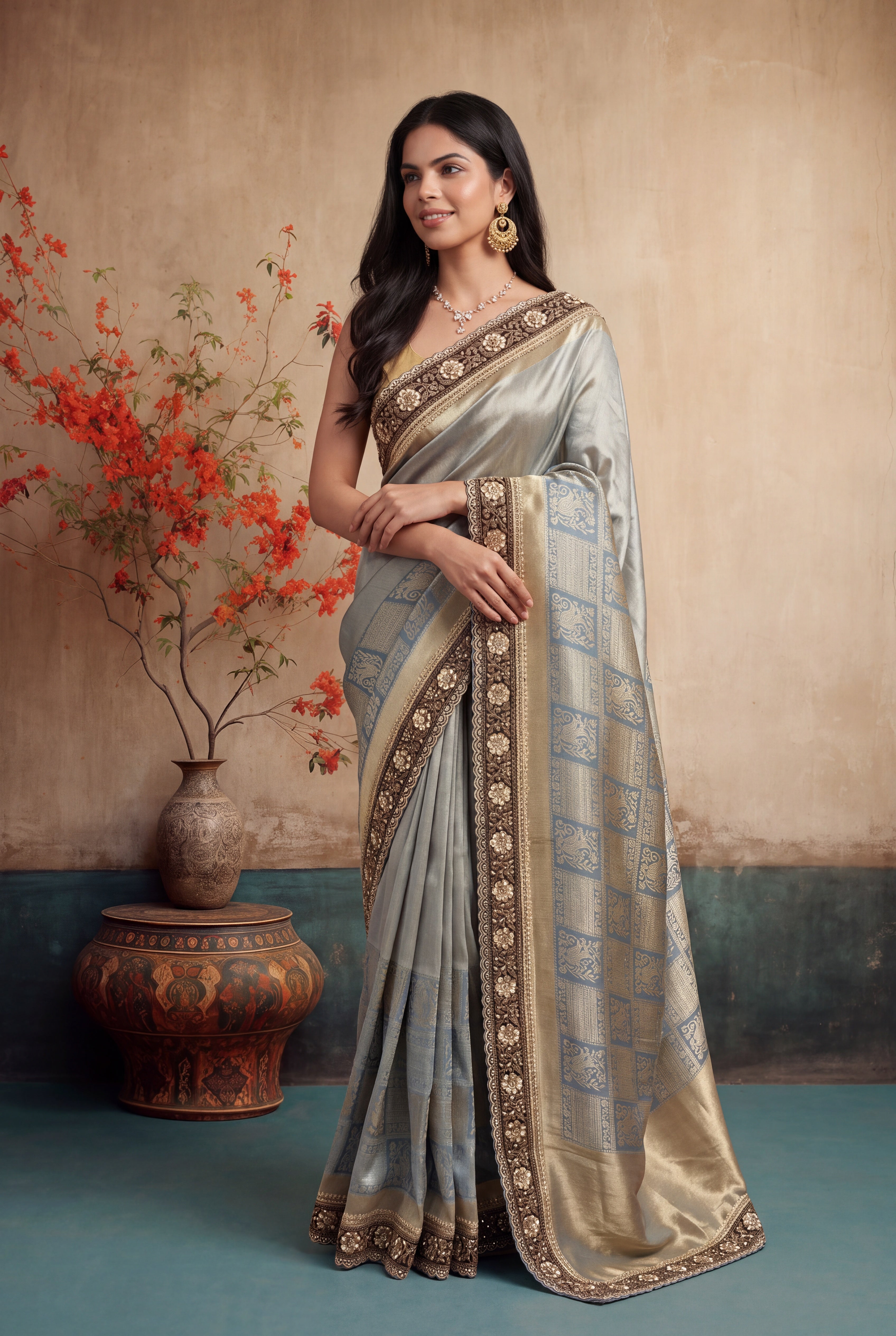 Ice Blue Zardozi Scallop Border Saree
