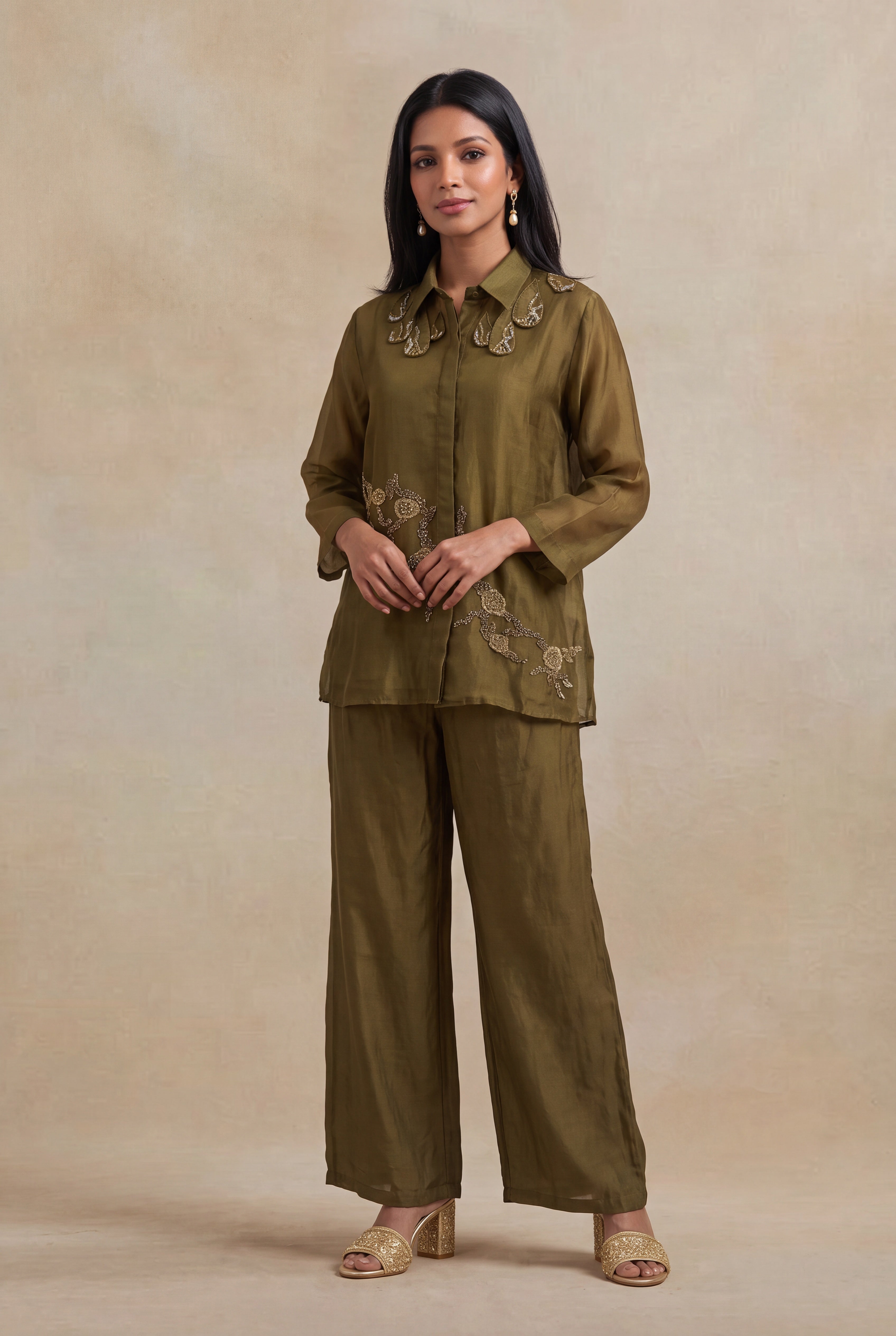 Olive Green Organza Embellished Co-ord Set