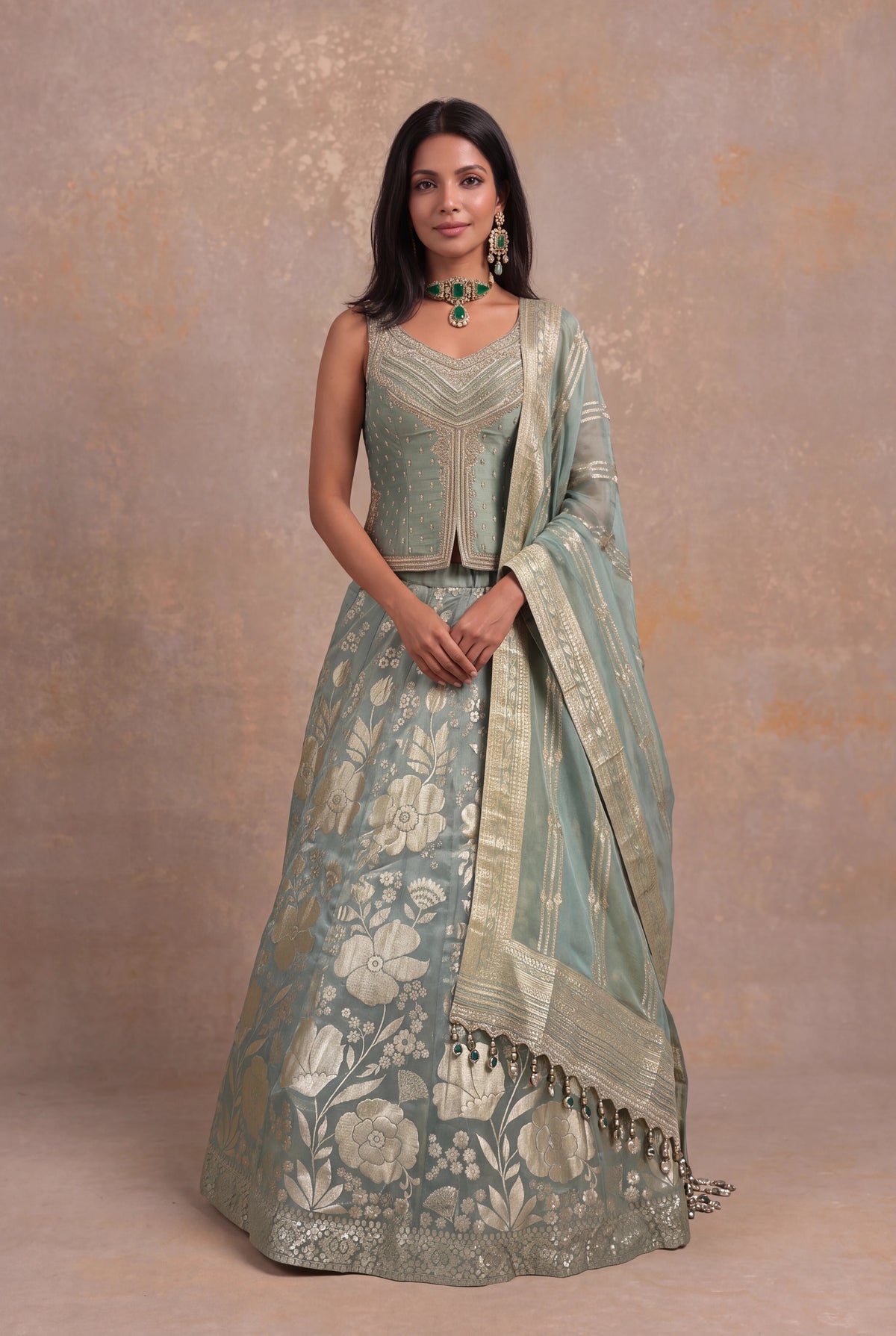 Sage Green Banarasi Tissue Silk Lehenga with Embellished Blouse
