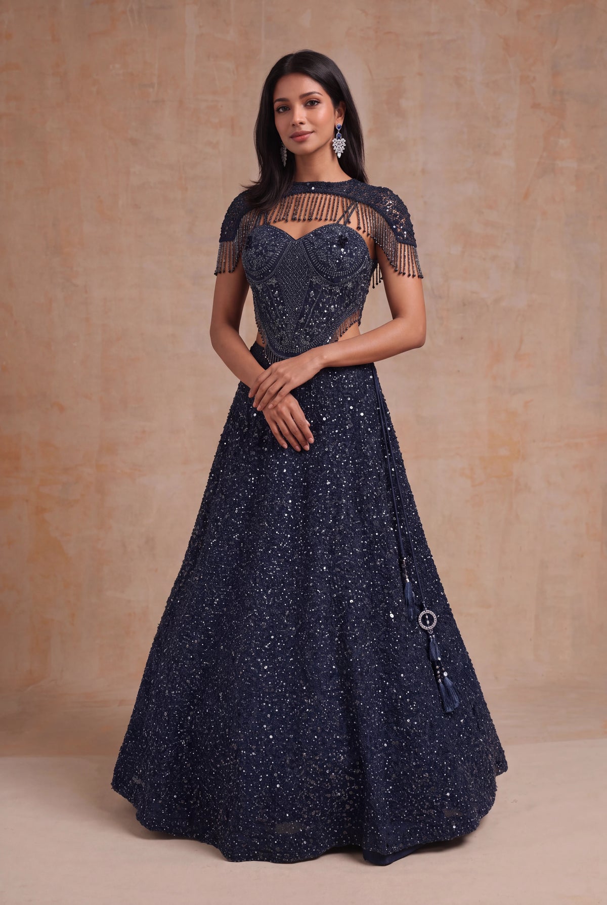 Navy Blue Indo-Western Net Lehenga