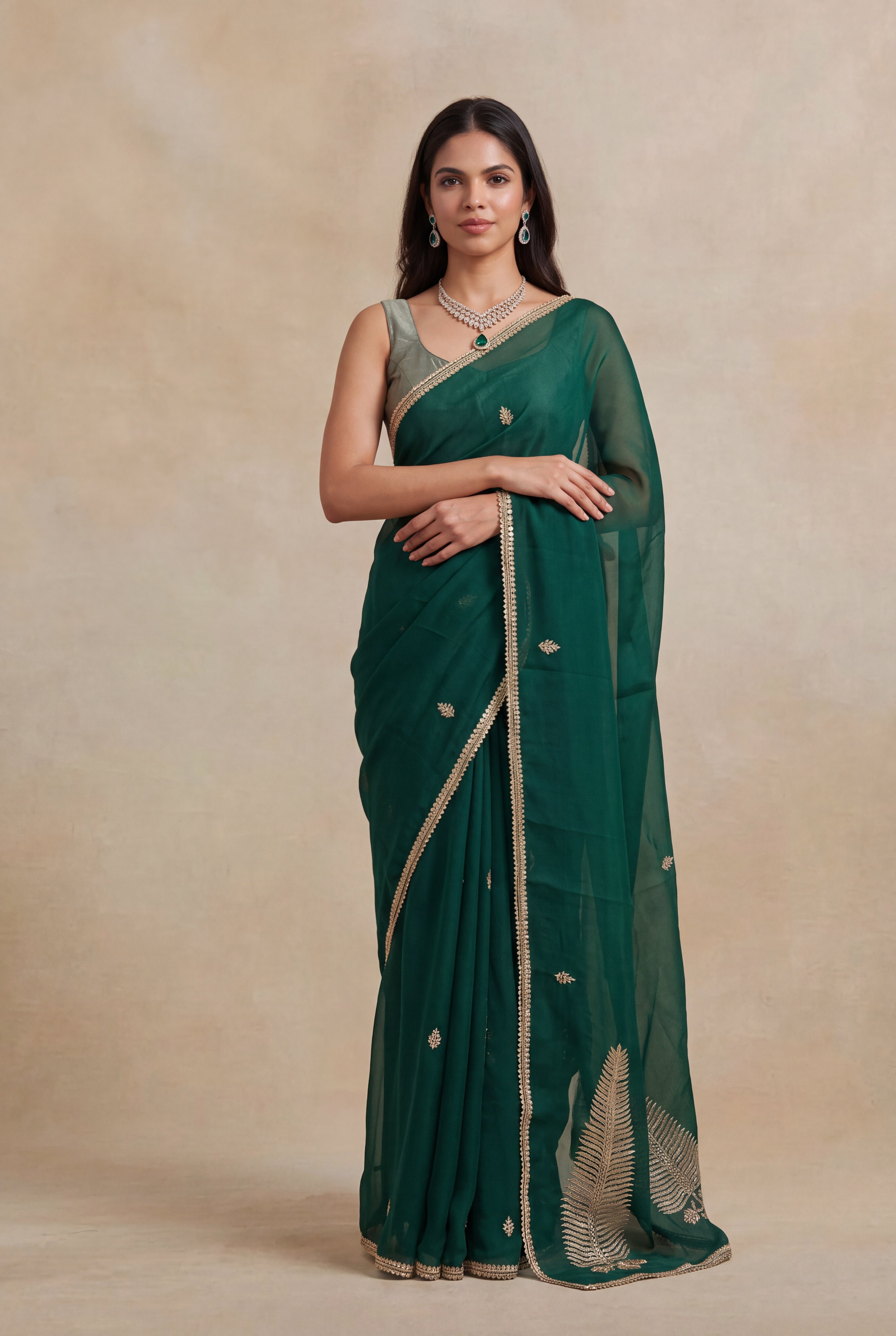 Emerald Green Organza Saree with Gold Sequin Work