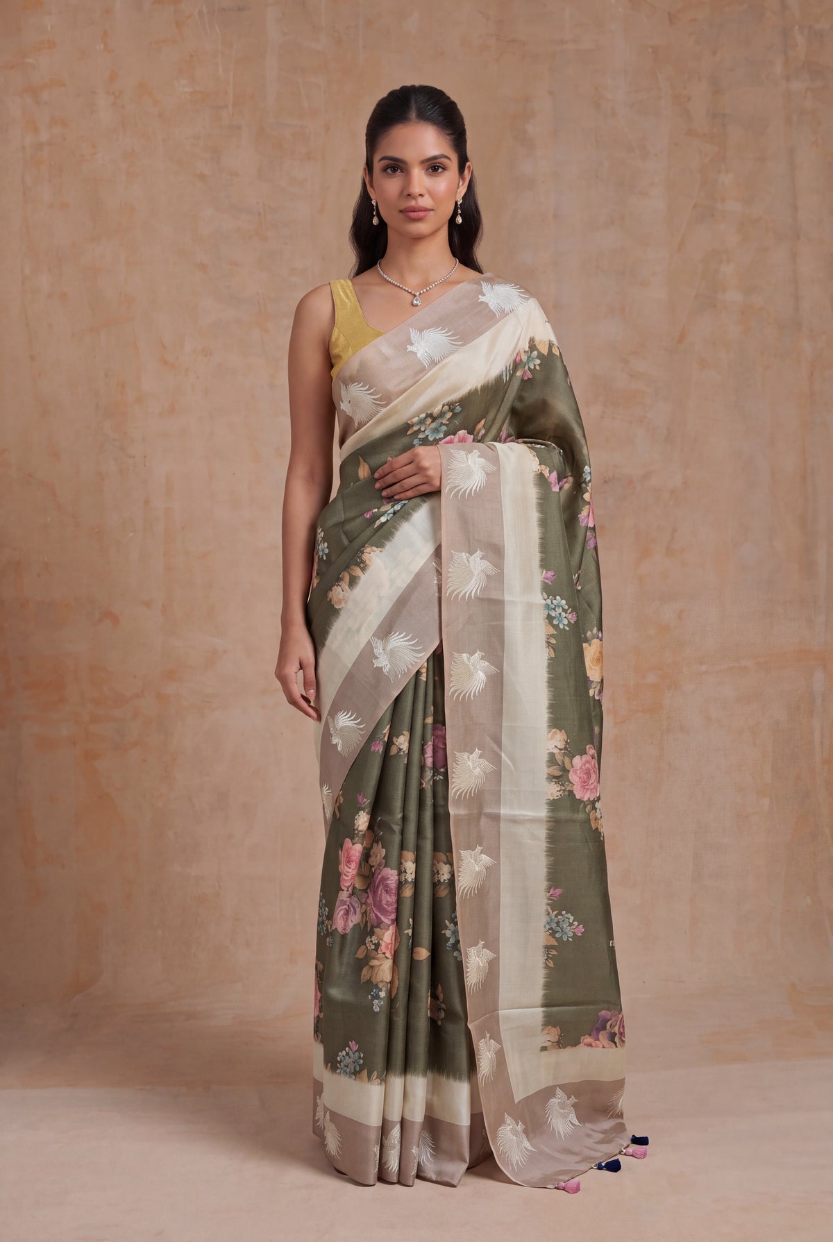 Olive Green Tussar Silk Saree