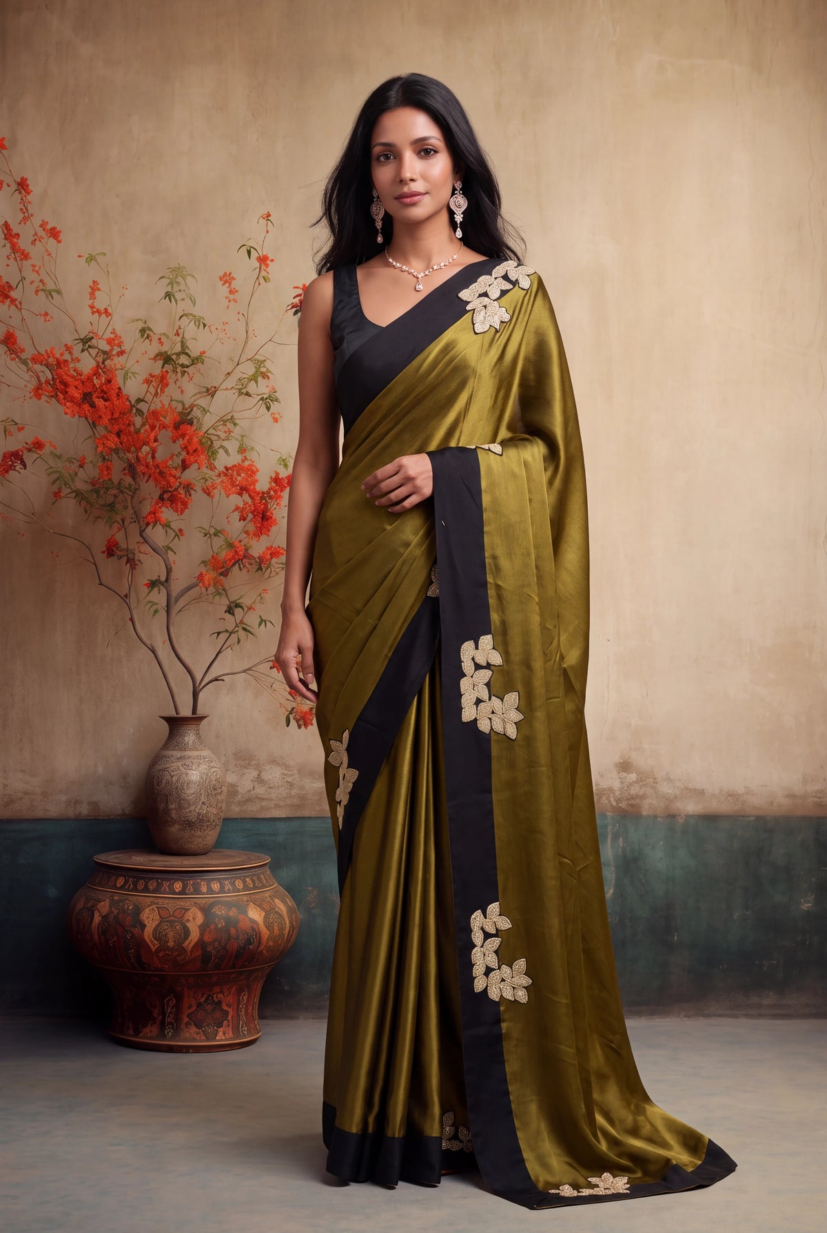 Olive Green Crepe Silk Saree