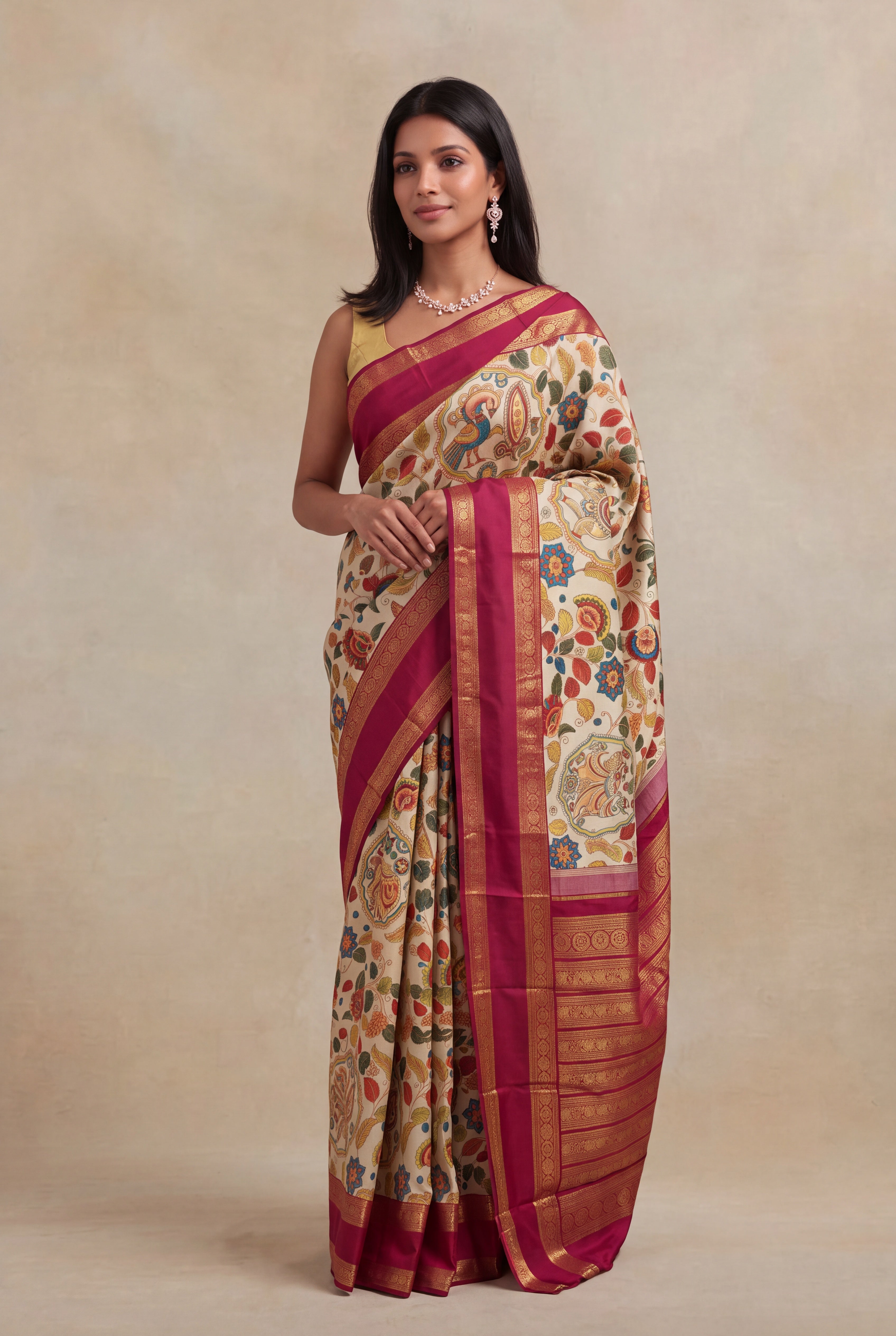 Beige Kalamkari Print Kanchivaram Silk Saree