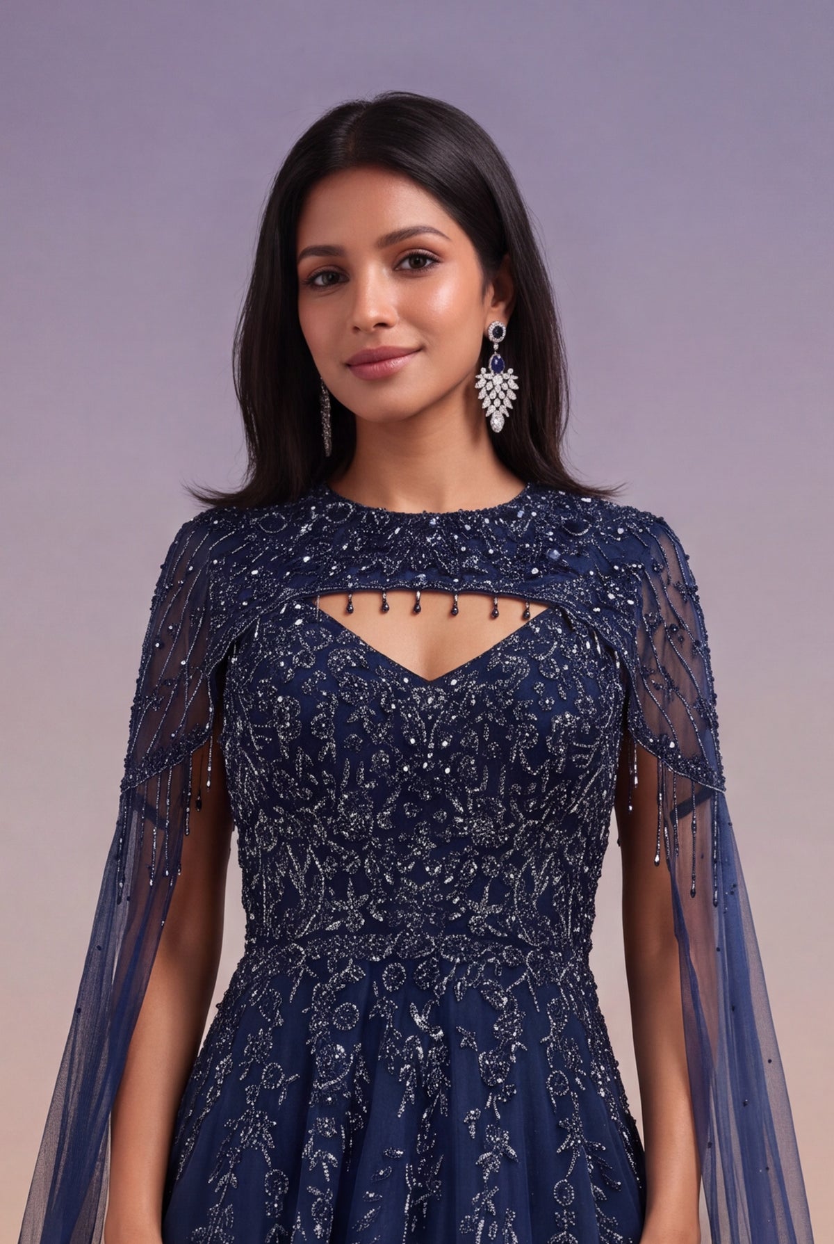 Navy Blue Katdana & Sequin Net Gown with Cape
