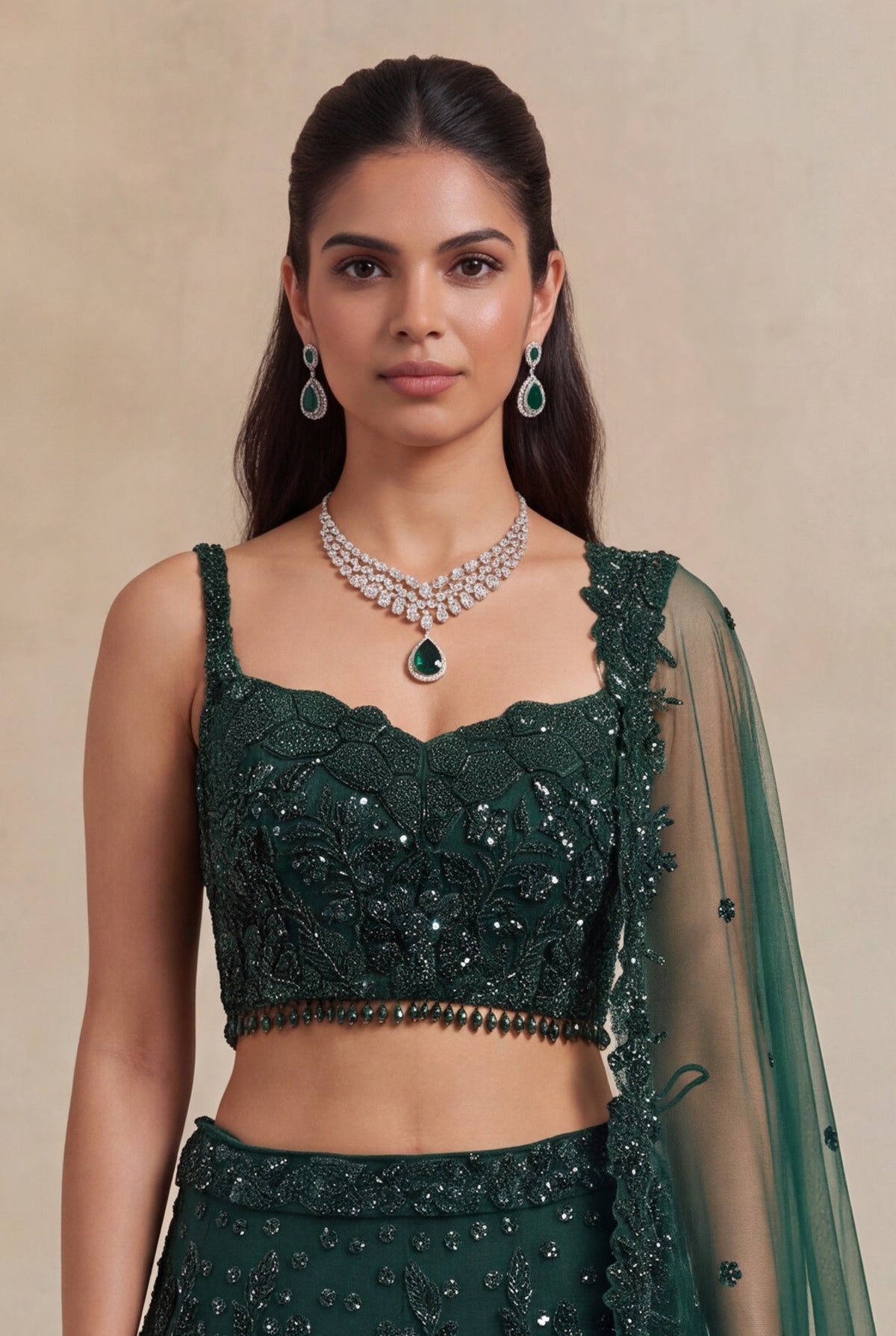 Bottle Green Net Lehenga with Sequin & Beadwork