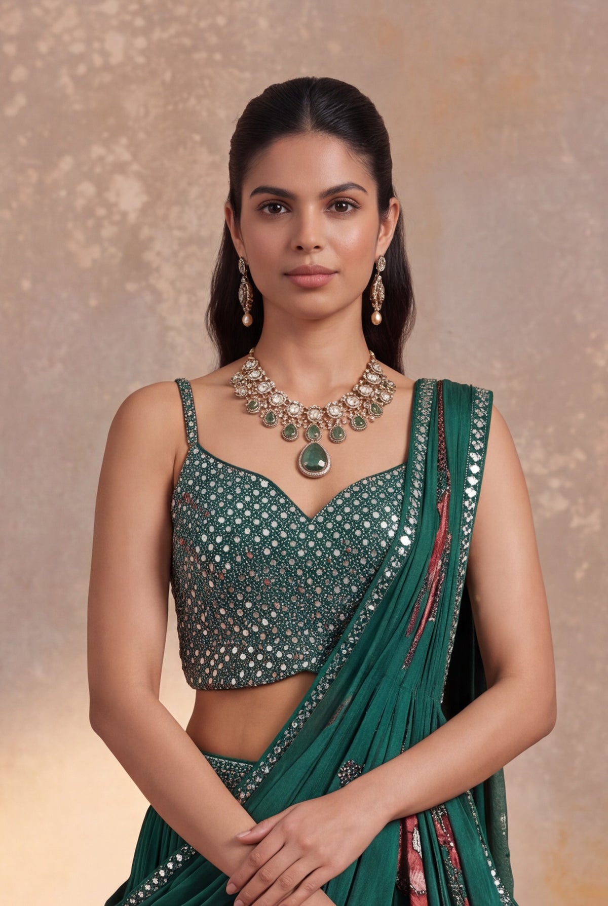 Bottle Green Georgette Draped Lehenga
