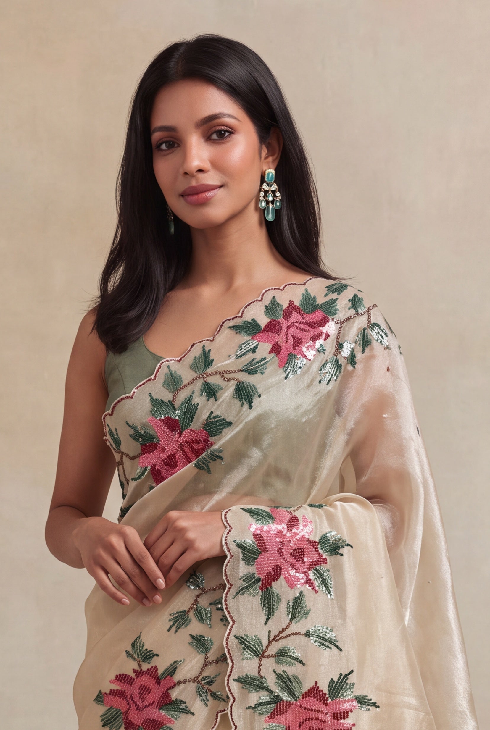 Beige Organza Tissue Saree