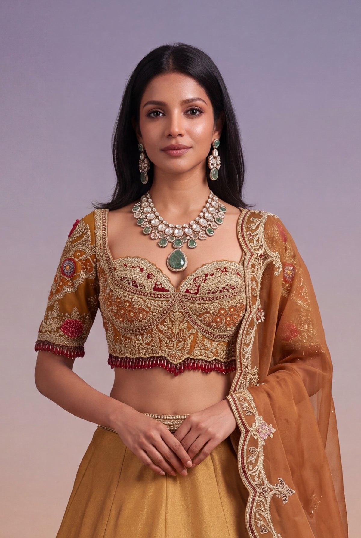Mustard & Burnt Orange Tissue Lehenga