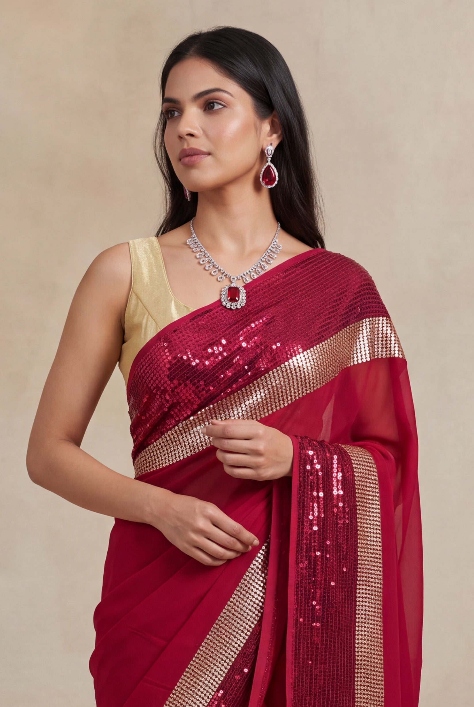 Red Georgette Saree with Sequins Border