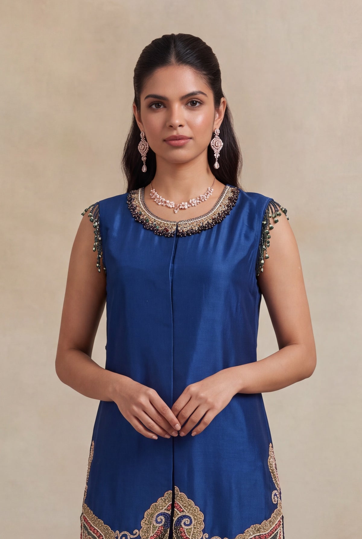Royal Blue Raw Silk Indo-Western Set with Zardosi Work