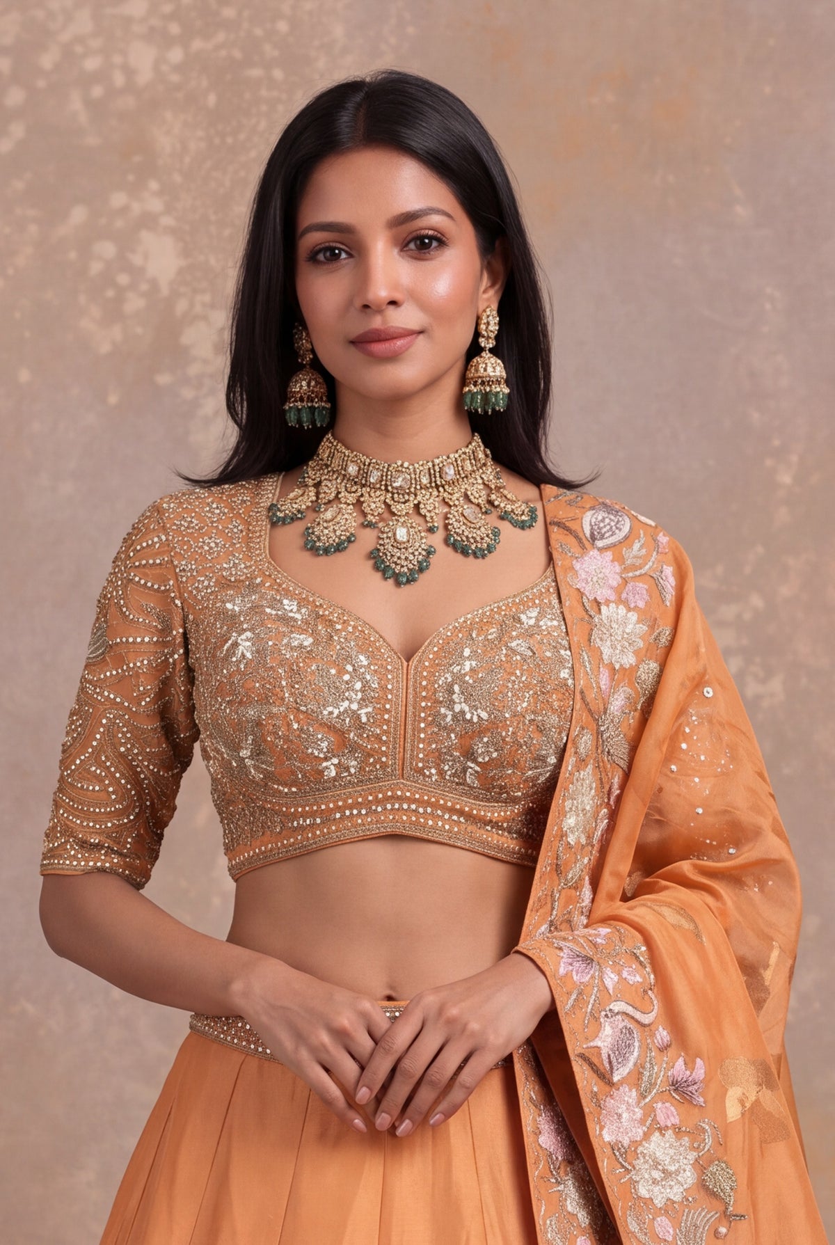 Light Orange Organza Tissue Floral Embroidered Lehenga