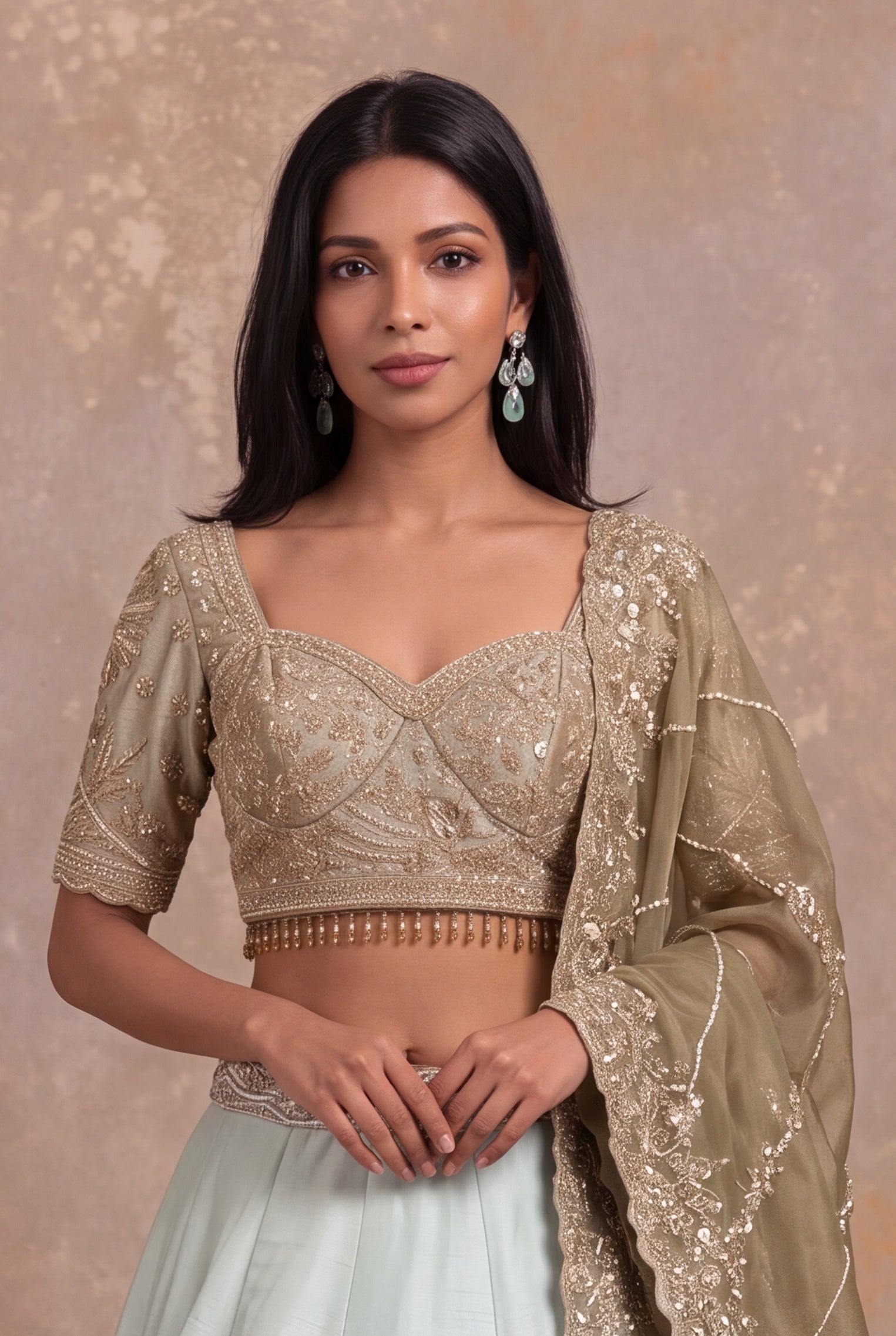 Pista Green Raw Silk Lehenga