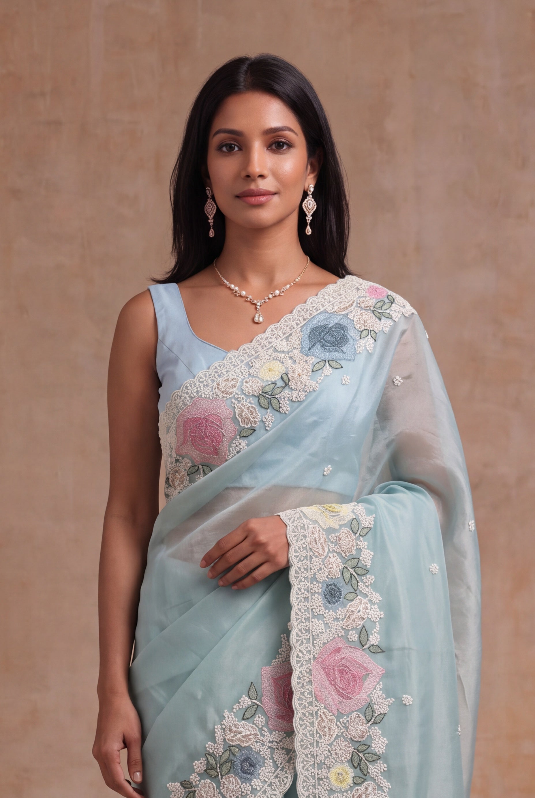 Ice Blue Tissue Organza Saree with Floral Embroidery