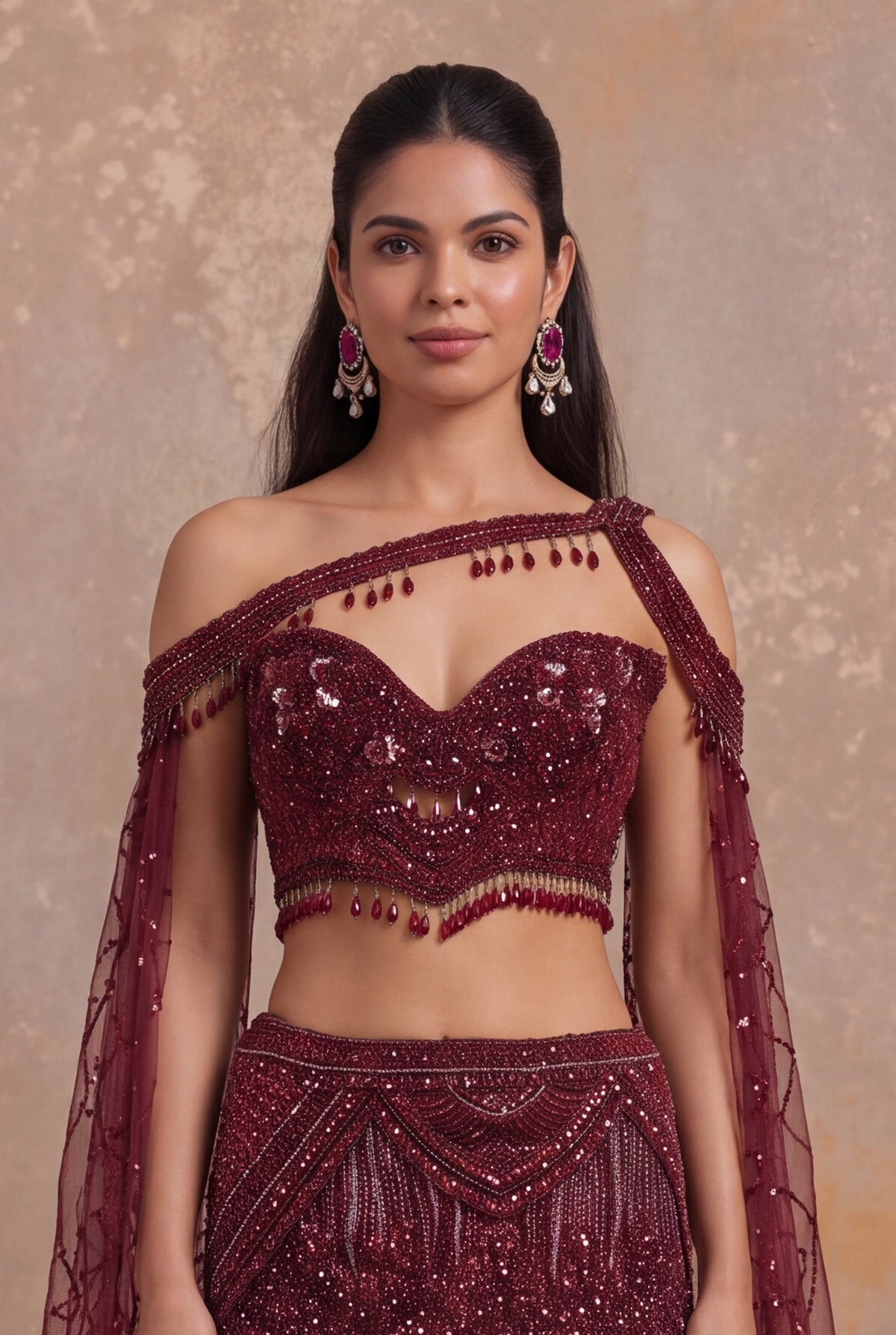 Maroon Net Lehenga with Sequin, Cutdana and Bead Embroidery