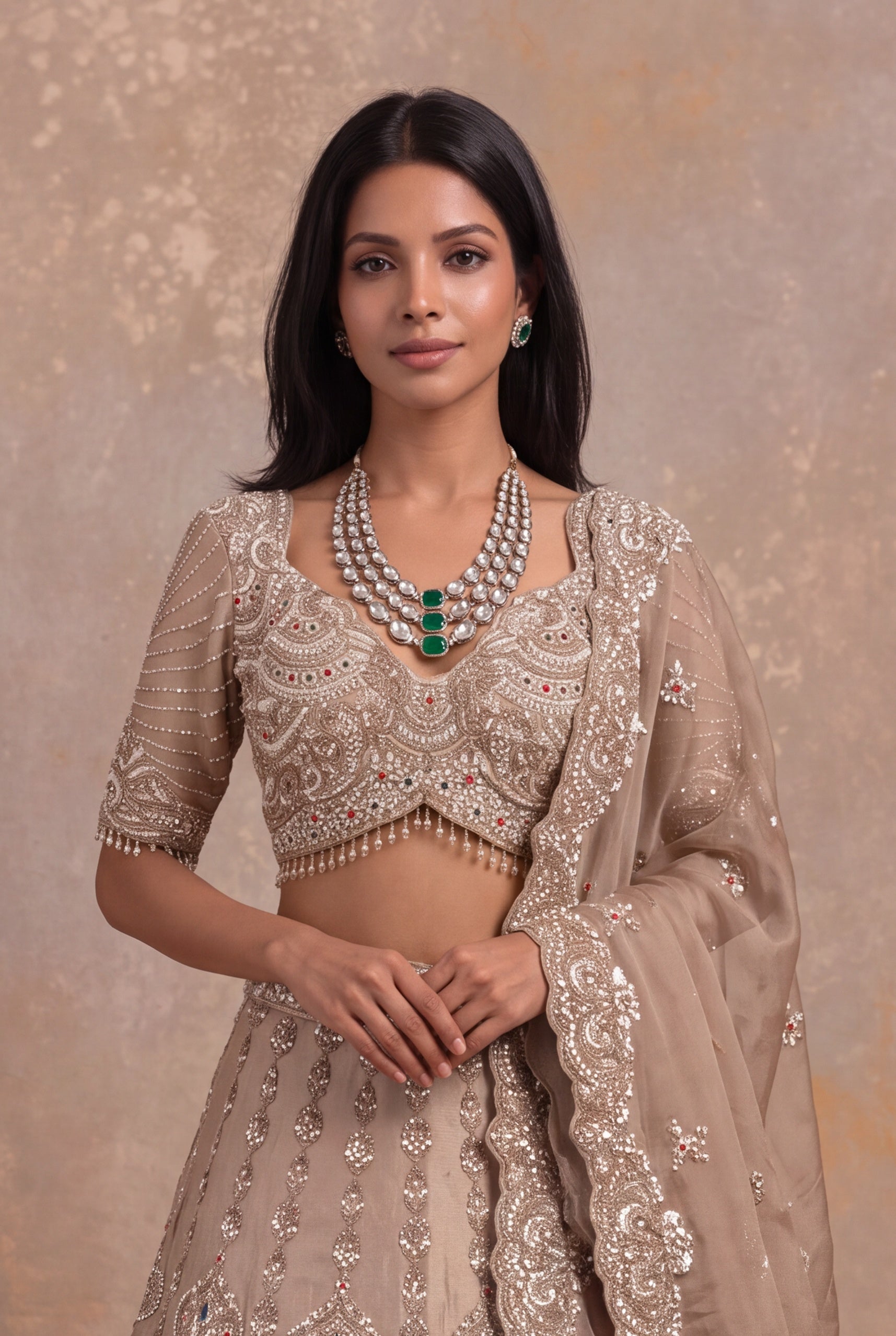 Golden Tissue Lehenga with Multicolour Kundan & Sequin Embroidery