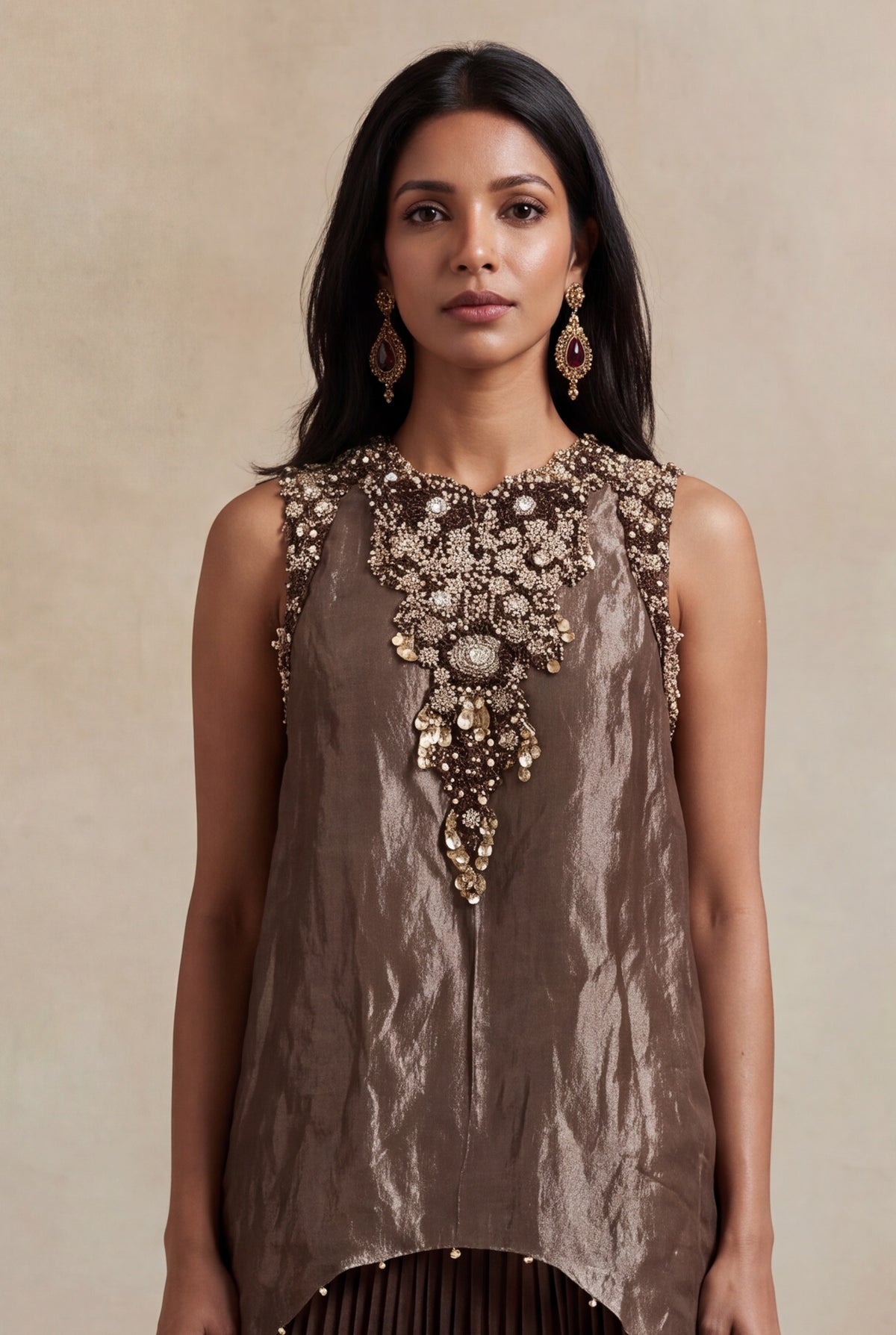 Bronze Crushed Tissue Top with Woven Silk Pleated Skirt