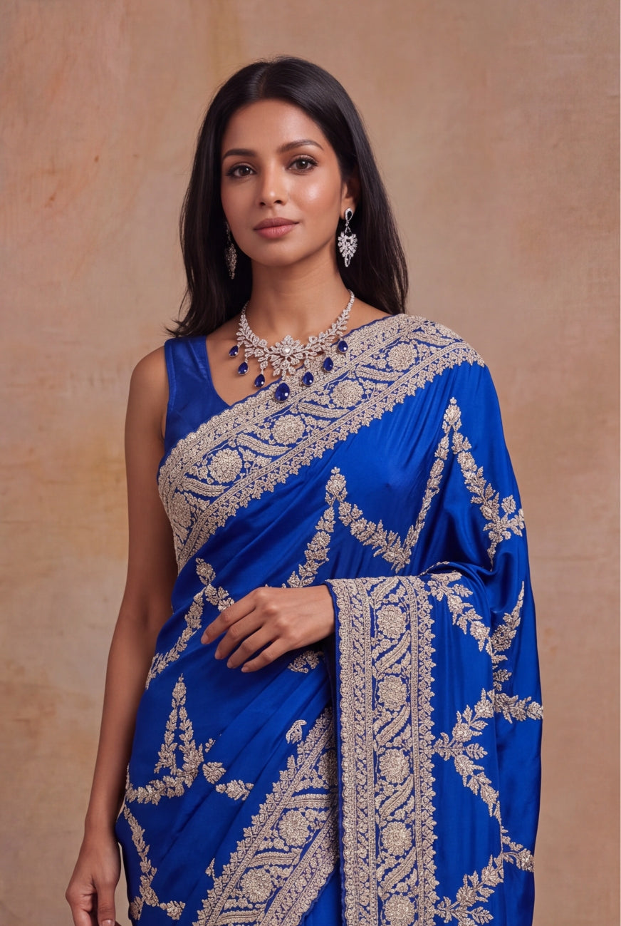 Ink Blue Satin Saree with Zardosi Embroidery
