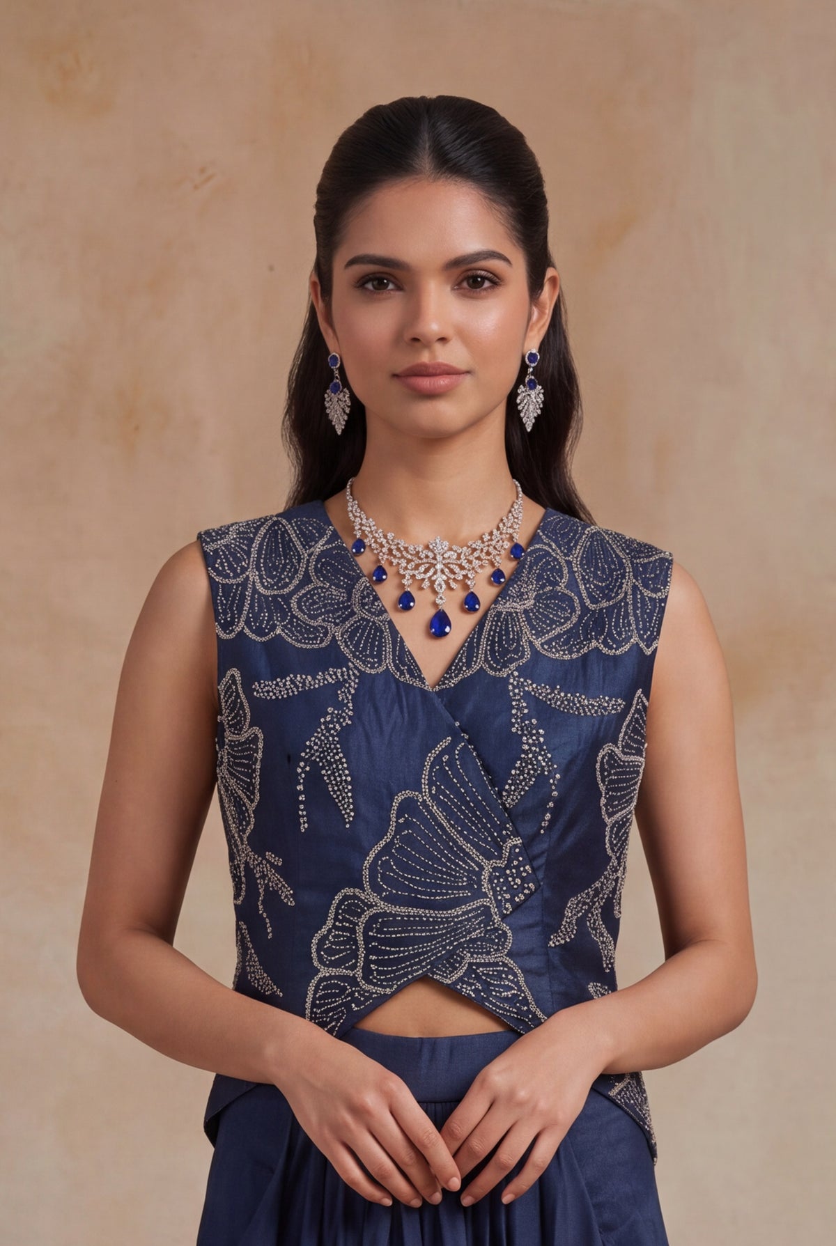 Navy Blue Indo-Western Crop Top & Drape Skirt