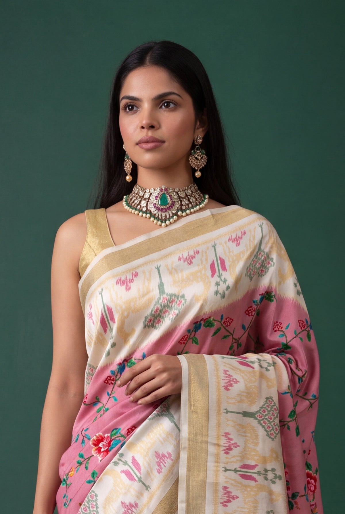 Rose Pink Twill Silk Patola Saree