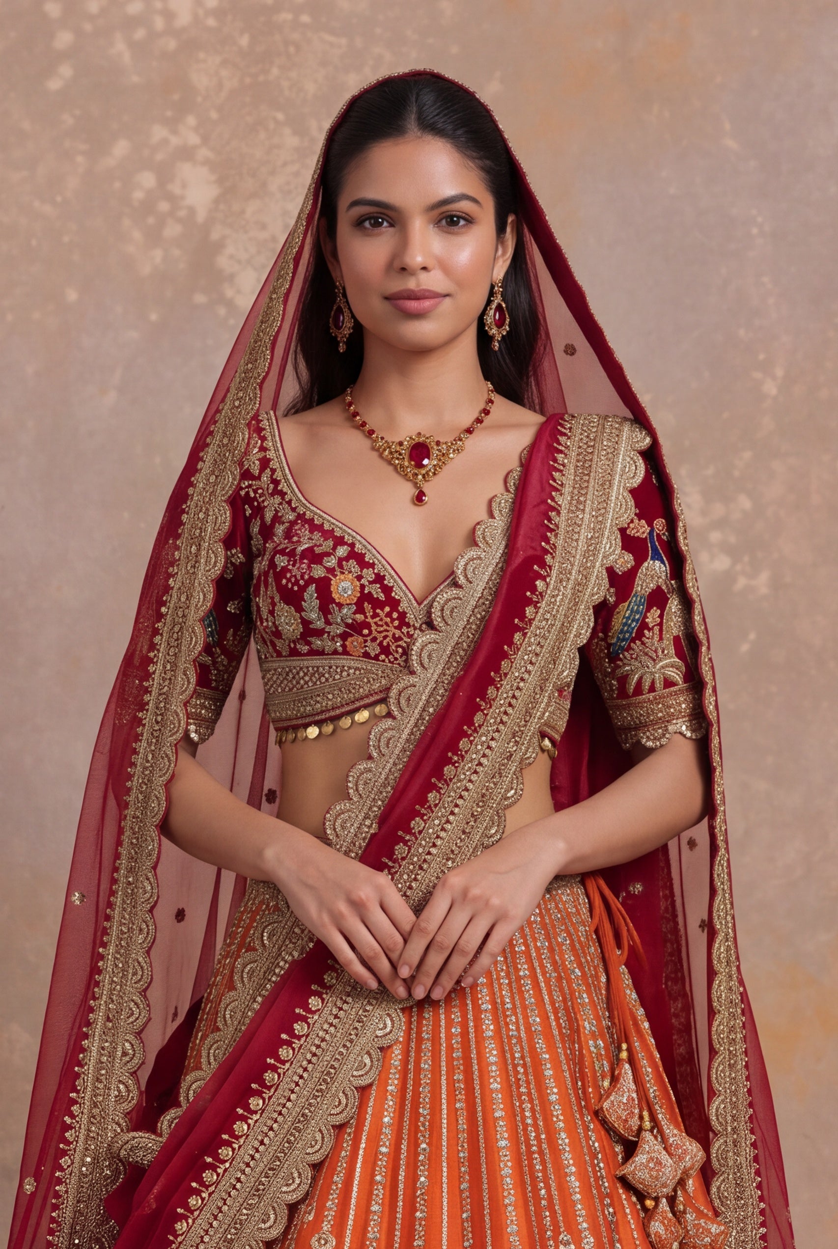 Rust Orange Raw Silk Bridal Lehenga with Zardozi Palace Motifs